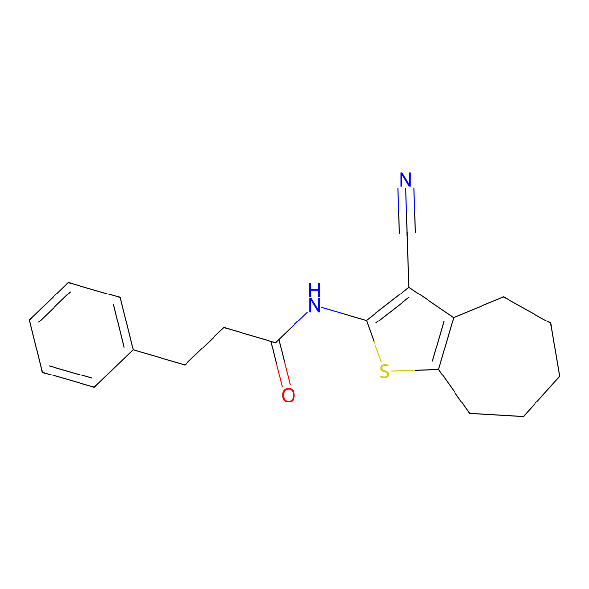 N-(3-cyano-5,6,7,8-tetrahydro-4H-cyclohepta[b]thiophen-2-yl)-3-phenylpropanamide molecular structure, CAS 329221-86-5