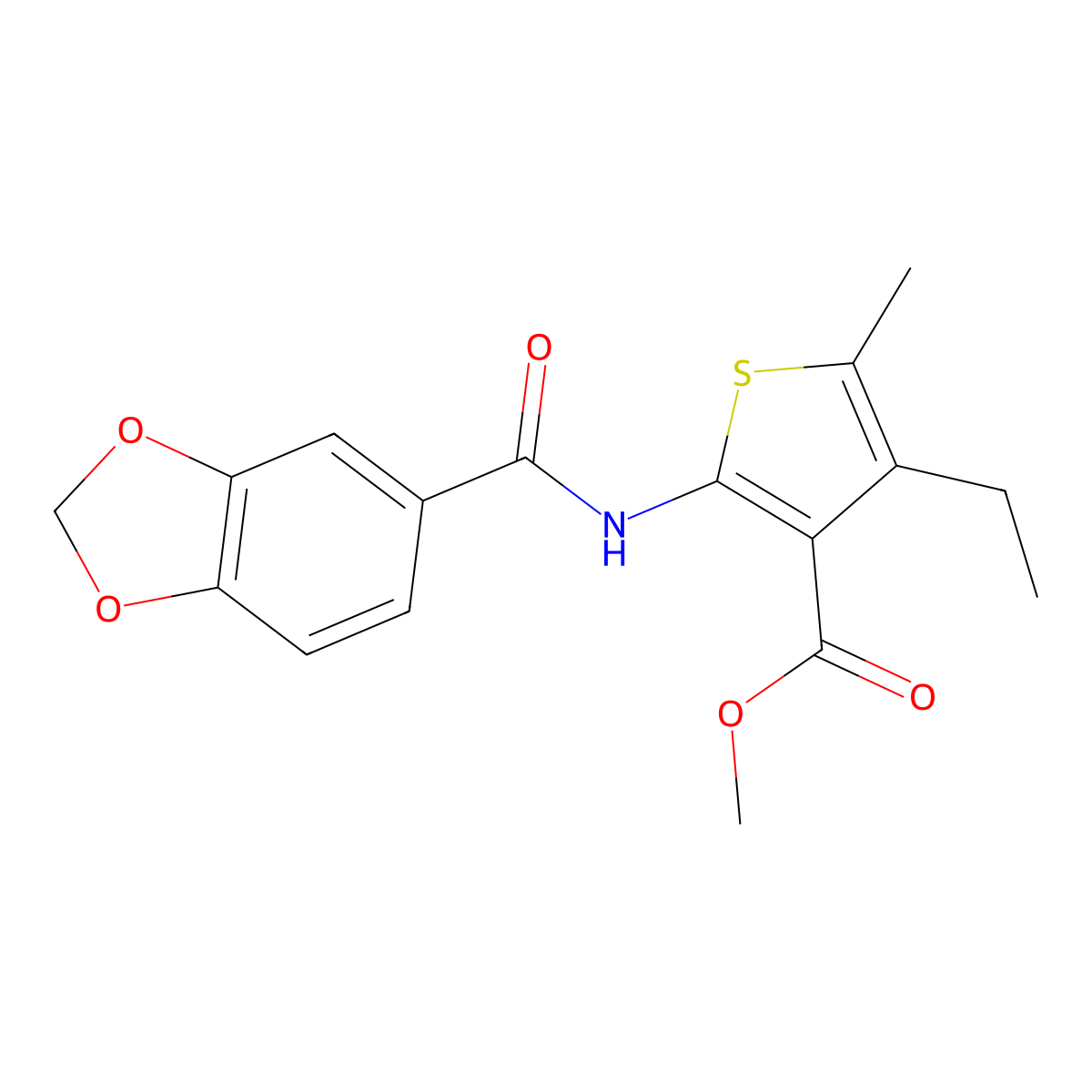 Methyl 2-(1,3-benzodioxole-5-carbonylamino)-4-ethyl-5-methylthiophene-3-carboxylate molecular structure, CAS 329221-92-3