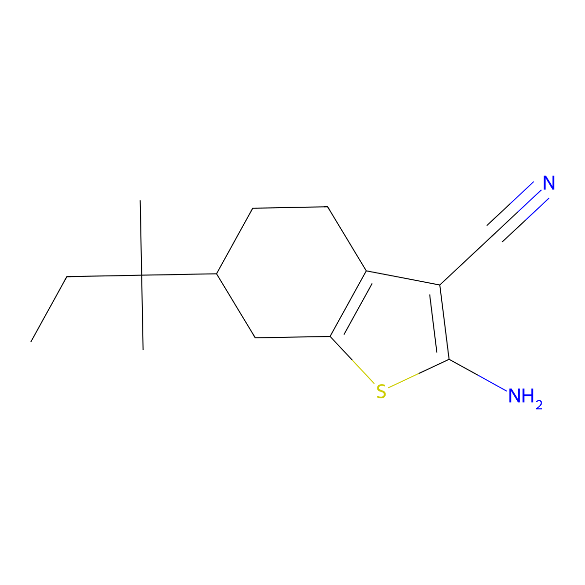2-Amino-6-(1,1-dimethylpropyl)-4,5,6,7-tetrahydrobenzo(b)thiophene-3-carbonitrile molecular structure, CAS 329222-98-2