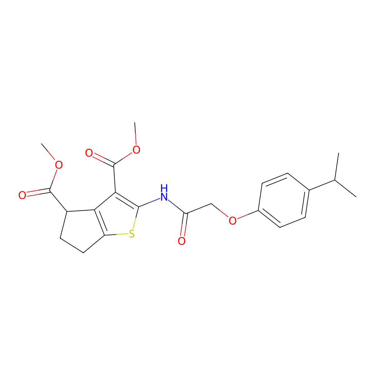 dimethyl 2-[[2-(4-propan-2-ylphenoxy)acetyl]amino]-5,6-dihydro-4H-cyclopenta[b]thiophene-3,4-dicarboxylate molecular structure, CAS 329223-86-1