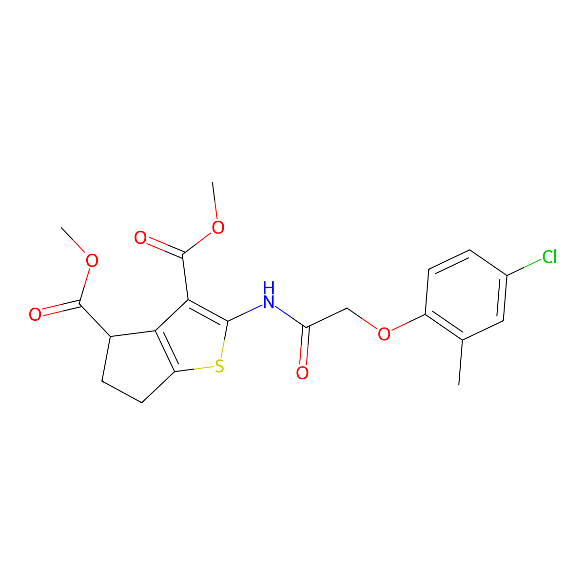 dimethyl 2-{[(4-chloro-2-methylphenoxy)acetyl]amino}-5,6-dihydro-4H-cyclopenta[b]thiophene-3,4-dicarboxylate molecular structure, CAS 329223-99-6