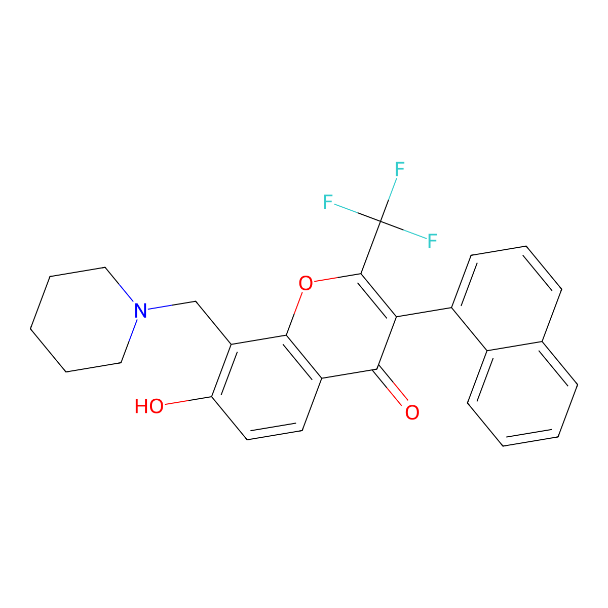 7-Hydroxy-3-naphthalen-1-yl-8-(piperidin-1-ylmethyl)-2-(trifluoromethyl)chromen-4-one molecular structure, CAS 329225-45-8