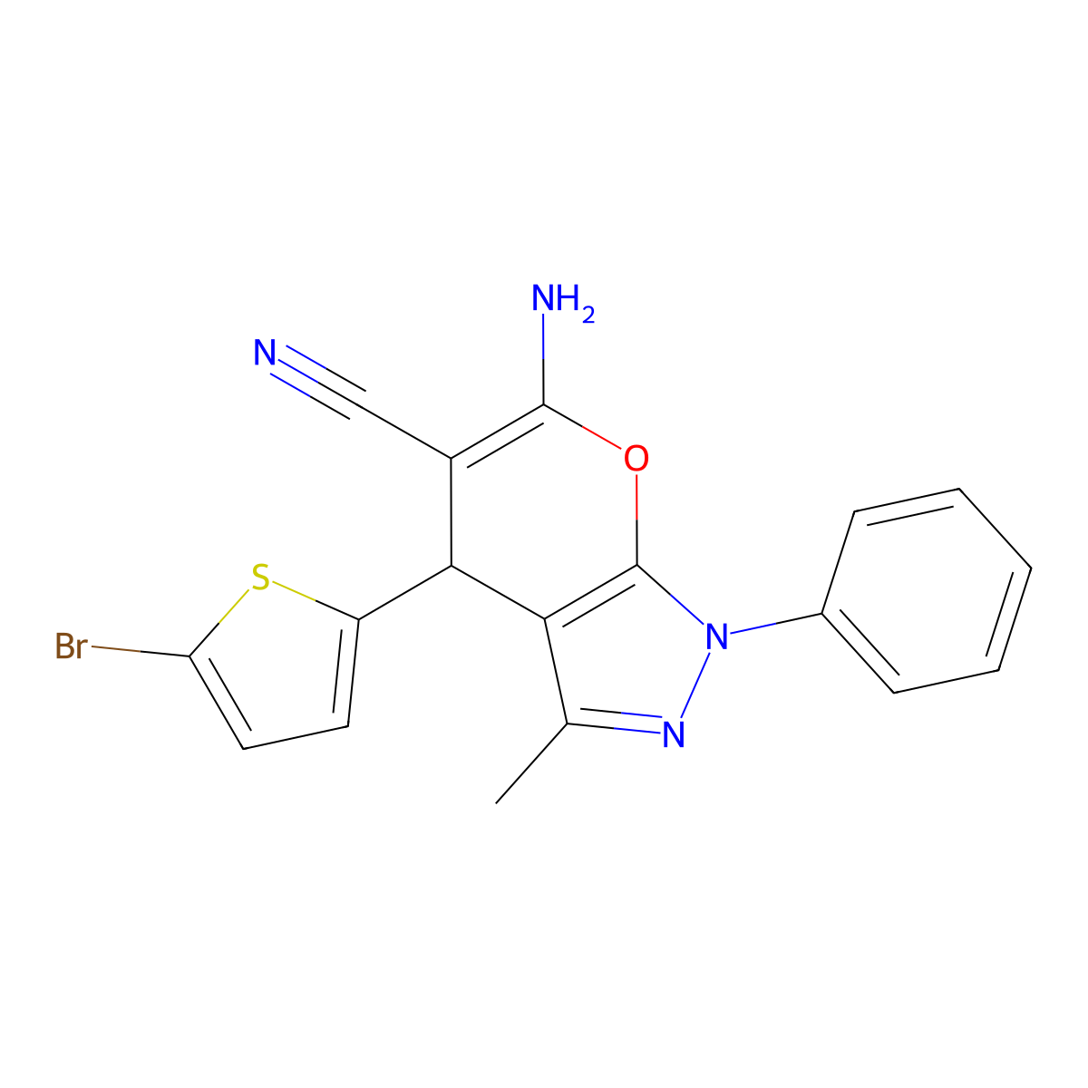 6-Amino-4-(5-bromo-2-thienyl)-3-methyl-1-phenyl-1,4-dihydropyrano[2,3-c]pyrazole-5-carbonitrile molecular structure, CAS 329693-19-8