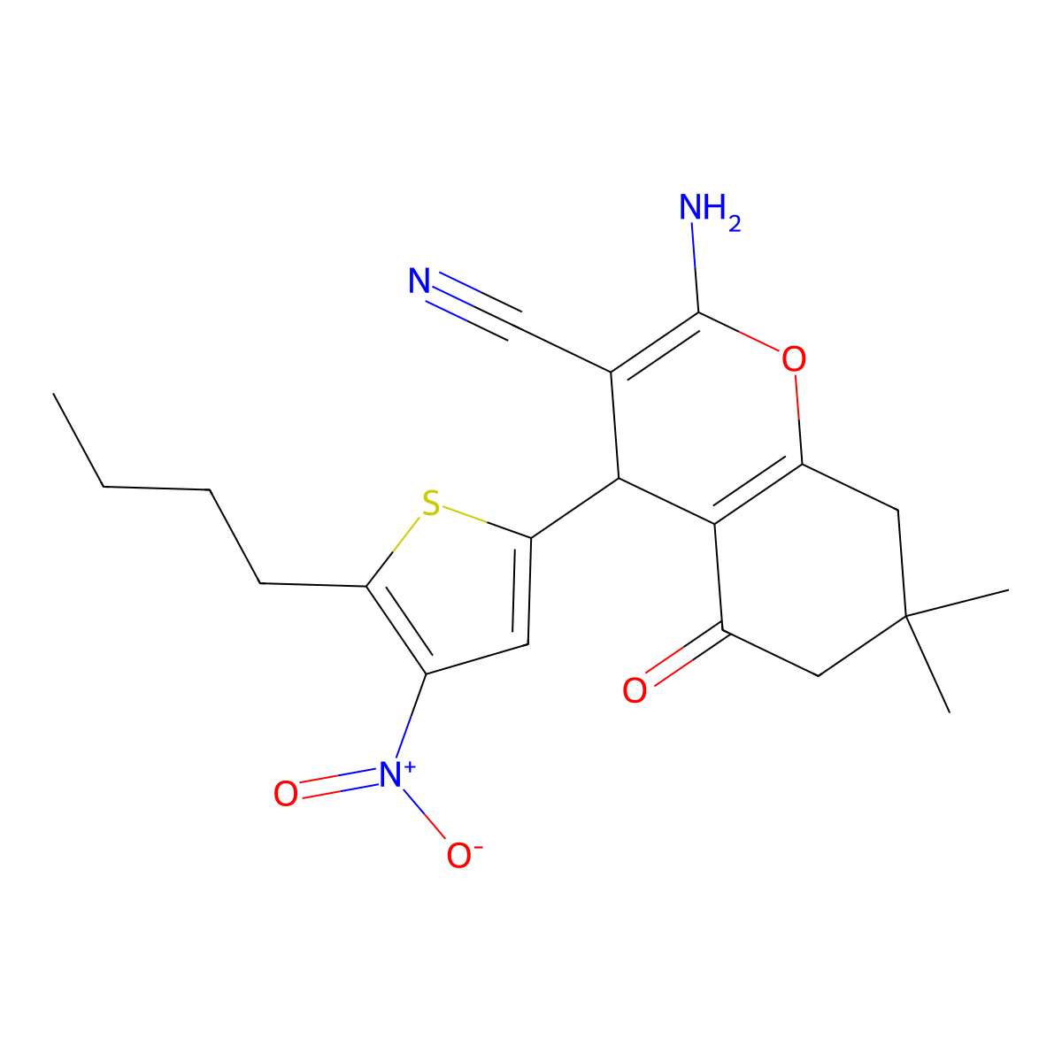 2-amino-4-(5-butyl-4-nitrothiophen-2-yl)-7,7-dimethyl-5-oxo-6,8-dihydro-4H-chromene-3-carbonitrile molecular structure, CAS 329693-61-0
