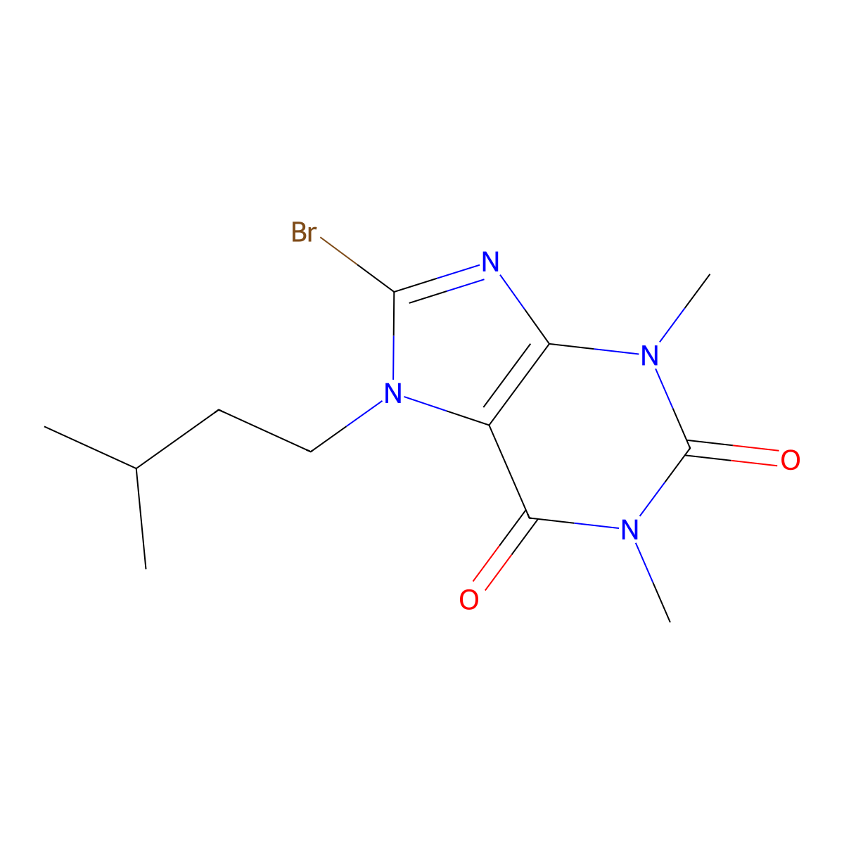 8-bromo-1,3-dimethyl-7-(3-methylbutyl)-2,3,6,7-tetrahydro-1H-purine-2,6-dione molecular structure, CAS 329698-53-5