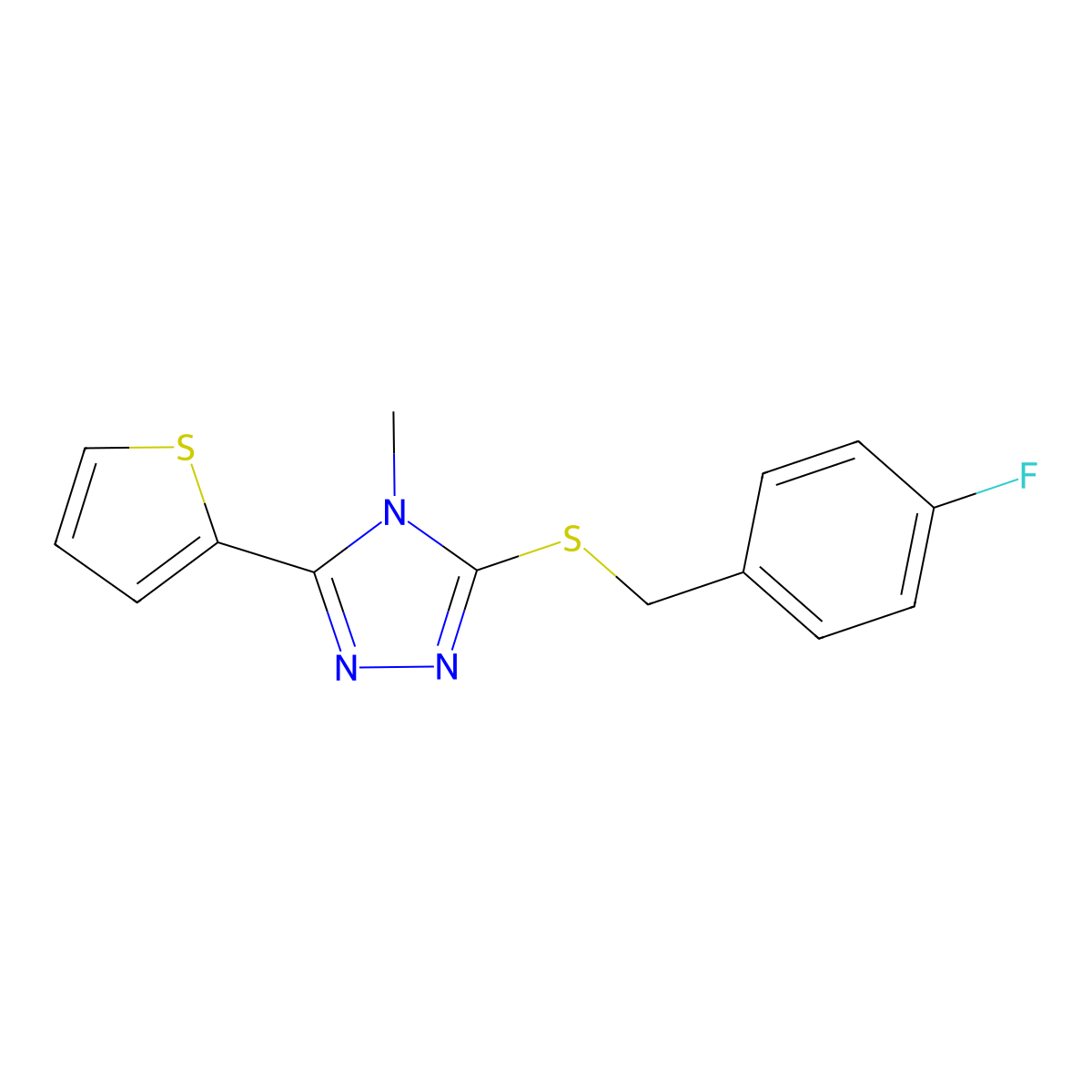 3-{[(4-fluorophenyl)methyl]sulfanyl}-4-methyl-5-(thiophen-2-yl)-4H-1,2,4-triazole molecular structure, CAS 329699-48-1