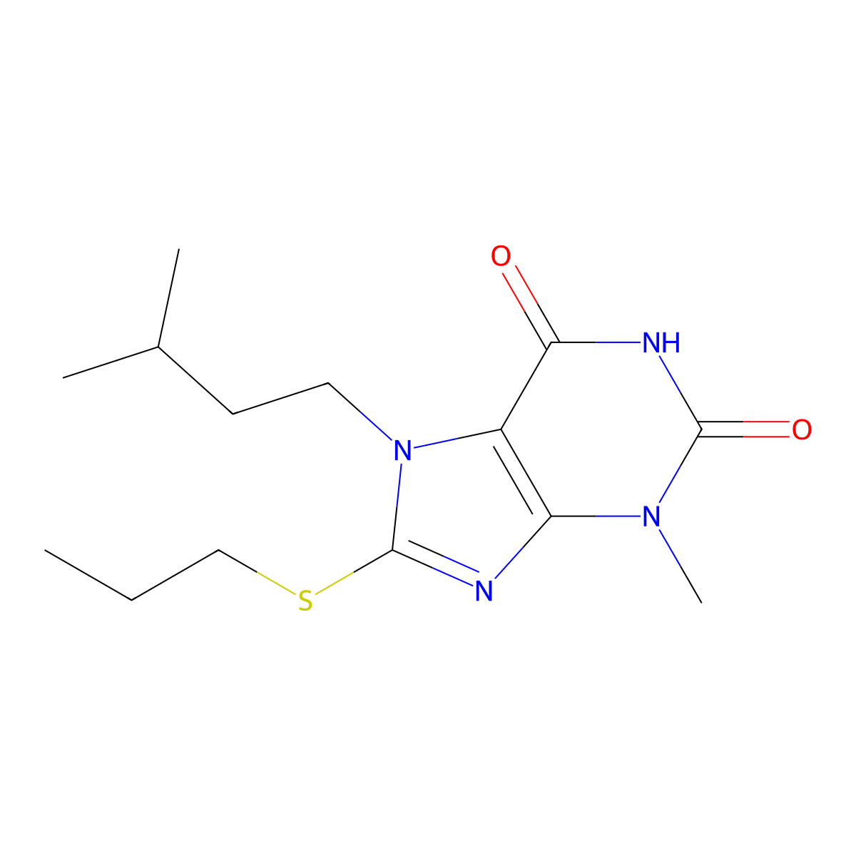 3-Methyl-7-(3-methylbutyl)-8-propylsulfanylpurine-2,6-dione molecular structure, CAS 329699-81-2
