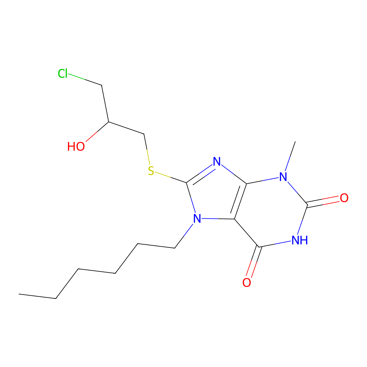 8-[(3-chloro-2-hydroxypropyl)sulfanyl]-7-hexyl-3-methyl-3,7-dihydro-1H-purine-2,6-dione molecular structure, CAS 329700-41-6