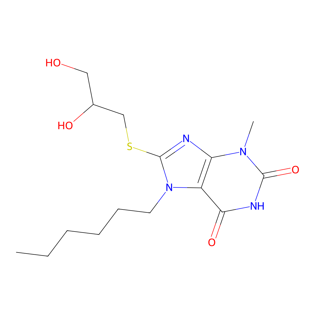 8-((2,3-dihydroxypropyl)thio)-7-hexyl-3-methyl-1H-purine-2,6(3H,7H)-dione molecular structure, CAS 329700-44-9