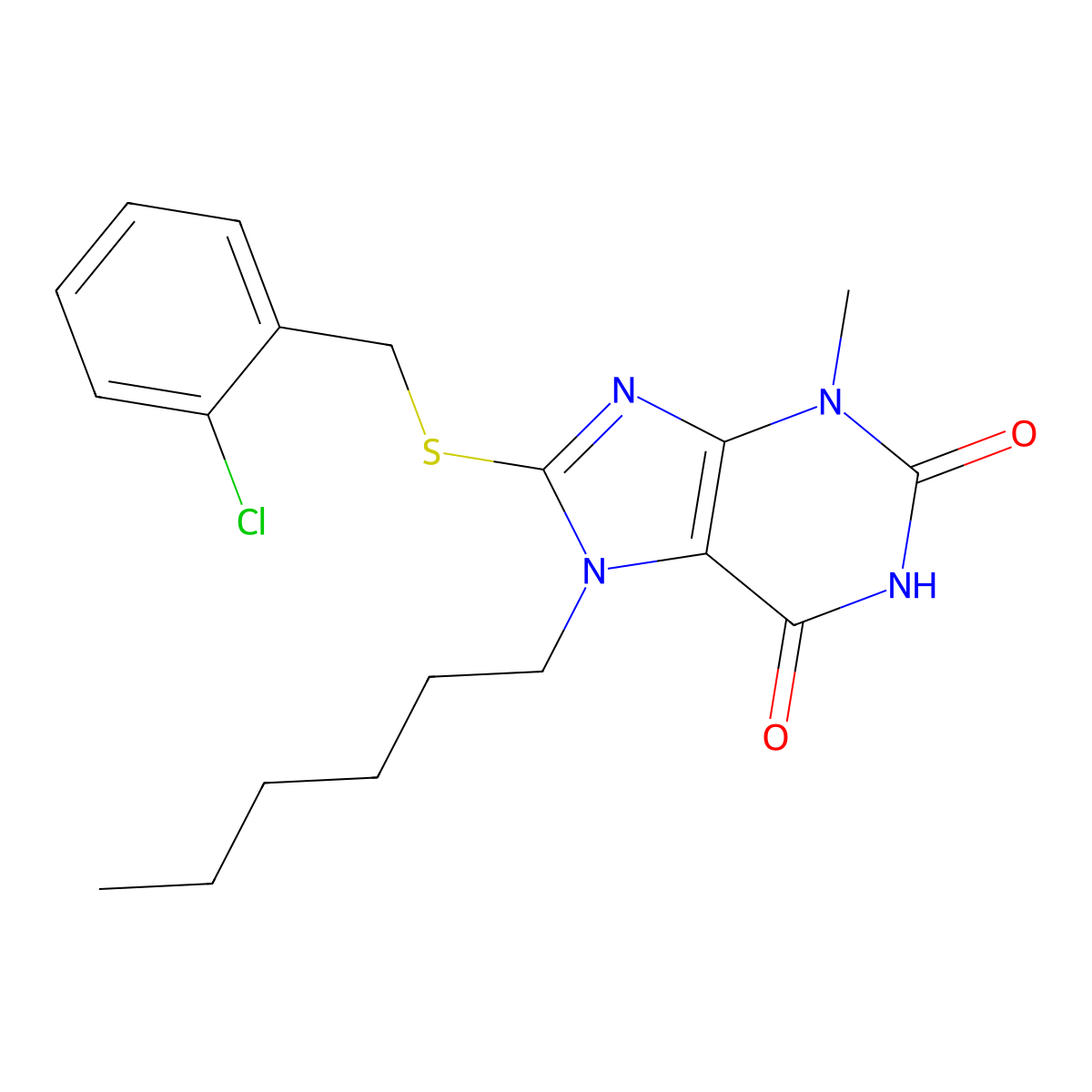 8-[(2-chlorobenzyl)sulfanyl]-7-hexyl-3-methyl-3,7-dihydro-1H-purine-2,6-dione molecular structure, CAS 329702-17-2