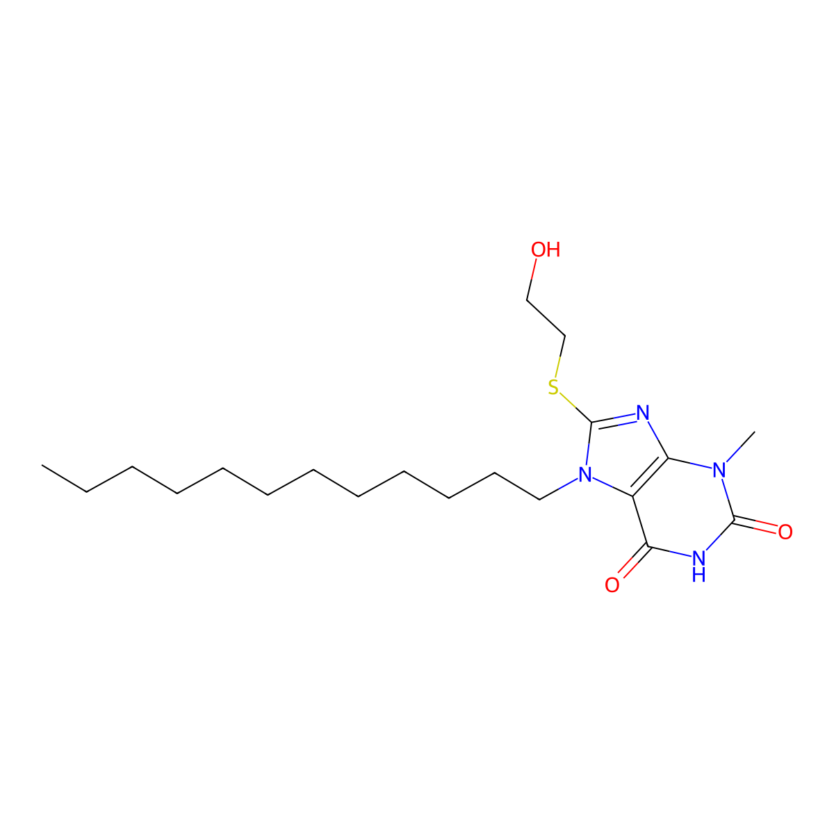 7-Dodecyl-8-(2-hydroxyethylsulfanyl)-3-methylpurine-2,6-dione molecular structure, CAS 329702-65-0