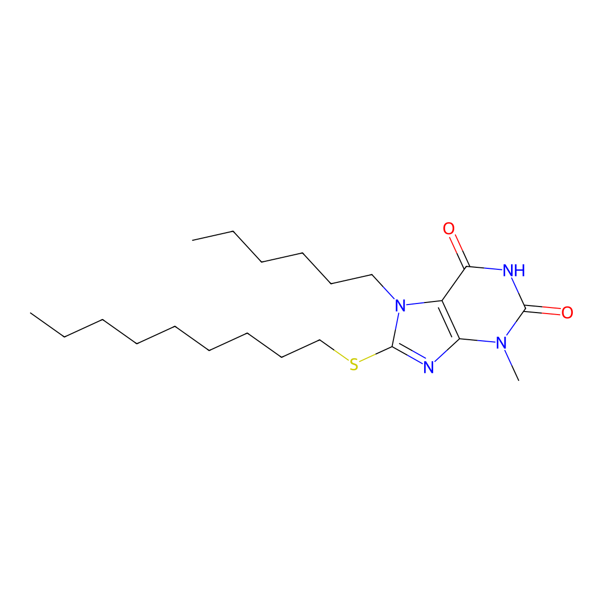 7-hexyl-3-methyl-8-(nonylsulfanyl)-3,7-dihydro-1H-purine-2,6-dione molecular structure, CAS 329702-95-6