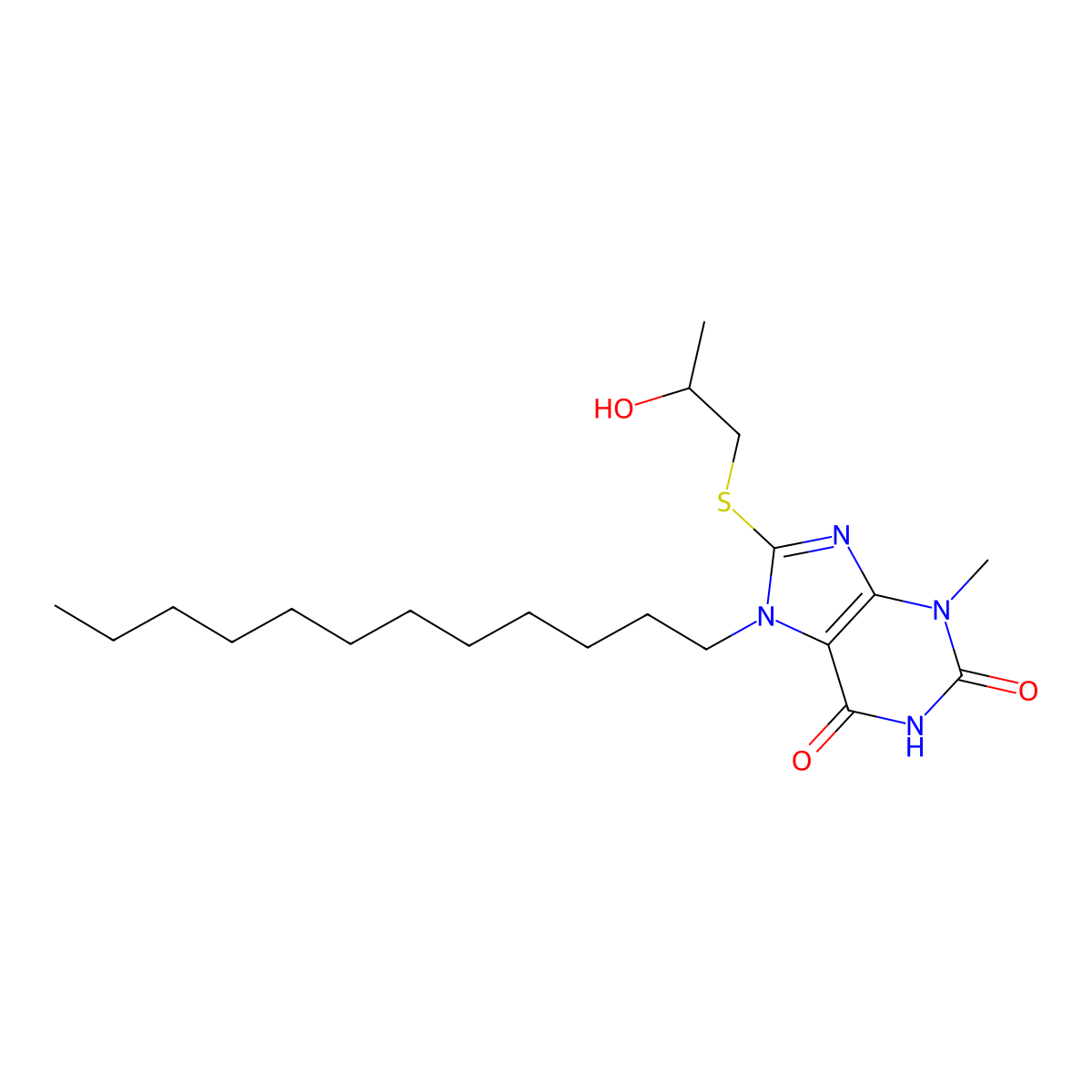 7-dodecyl-8-[(2-hydroxypropyl)sulfanyl]-3-methyl-3,7-dihydro-1H-purine-2,6-dione molecular structure, CAS 329702-96-7