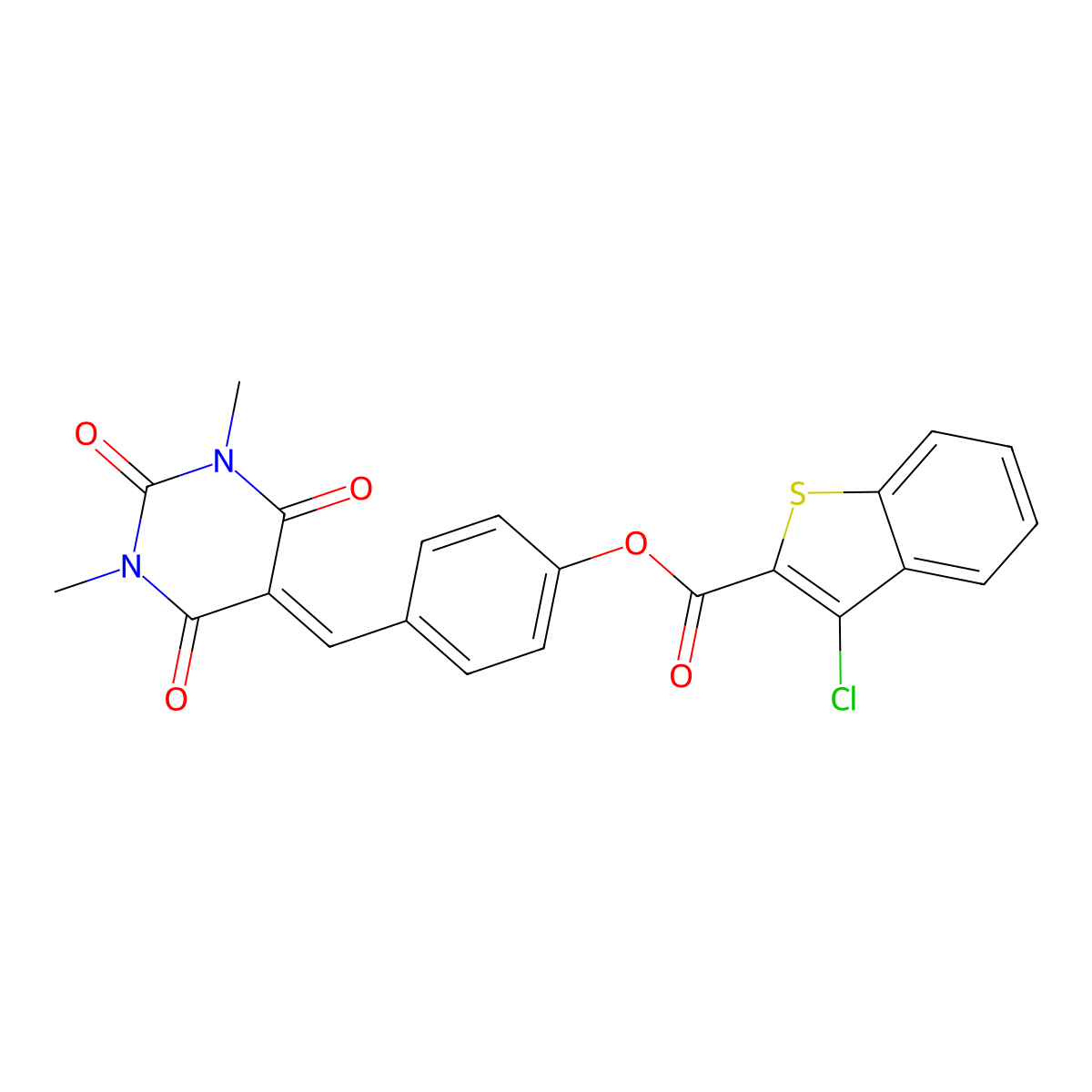 4-((1,3-dimethyl-2,4,6-trioxotetrahydropyrimidin-5(2H)-ylidene)methyl)phenyl 3-chlorobenzo[b]thiophene-2-carboxylate molecular structure, CAS 329702-99-0