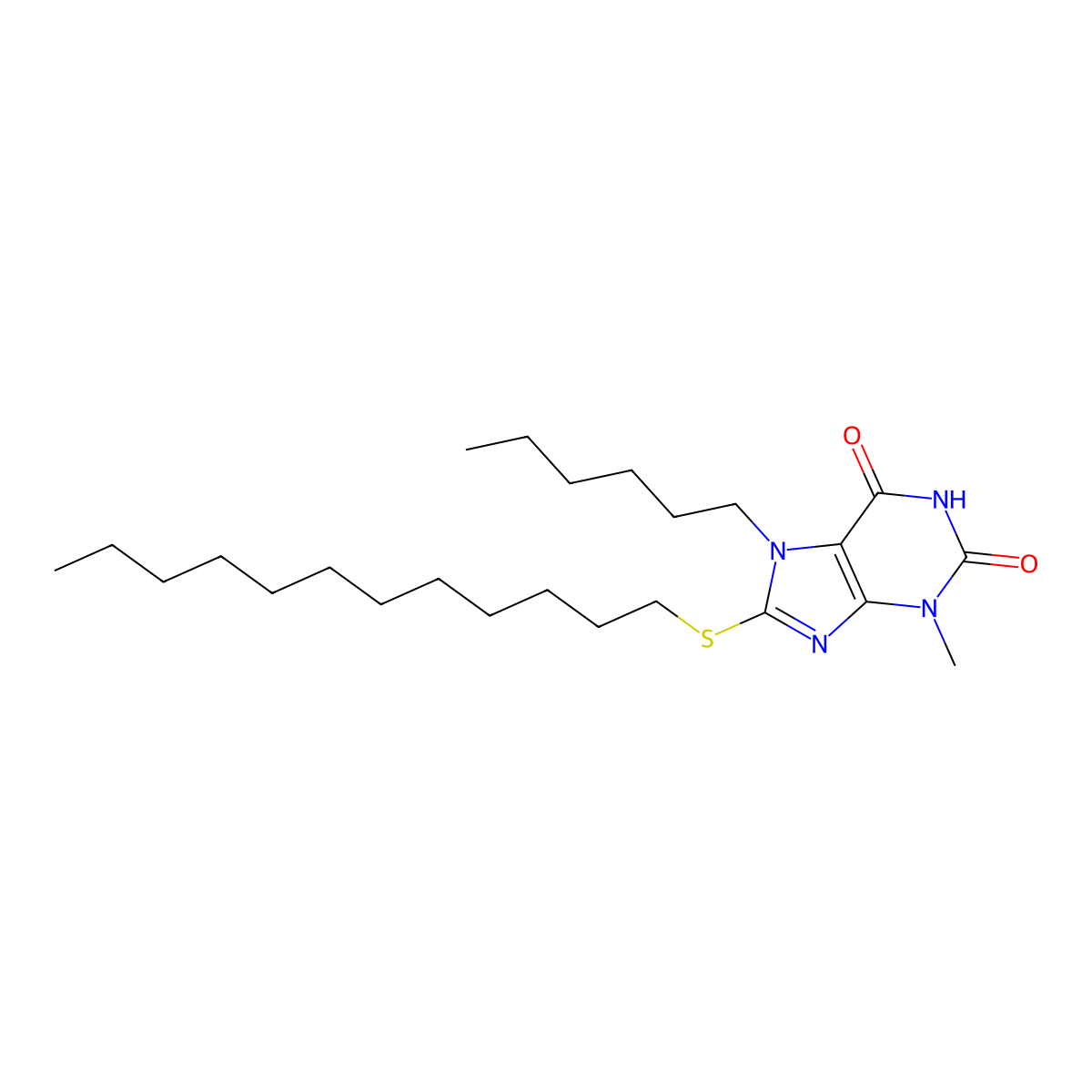8-(dodecylsulfanyl)-7-hexyl-3-methyl-3,7-dihydro-1H-purine-2,6-dione molecular structure, CAS 329705-16-0
