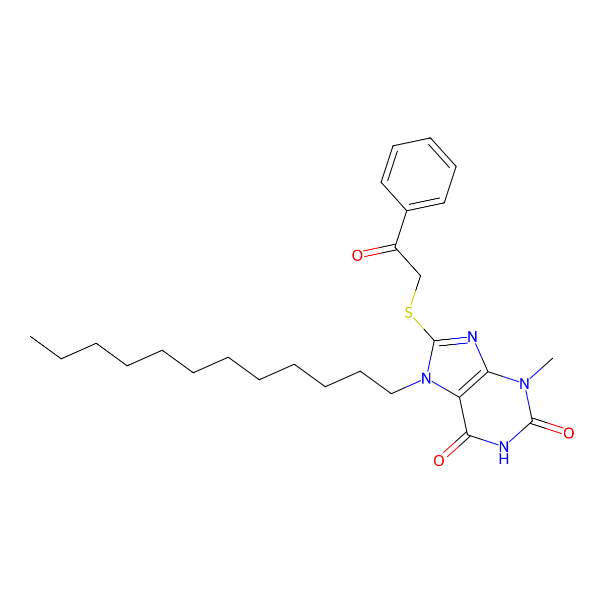 7-dodecyl-3-methyl-8-[(2-oxo-2-phenylethyl)sulfanyl]-3,7-dihydro-1H-purine-2,6-dione molecular structure, CAS 329705-91-1