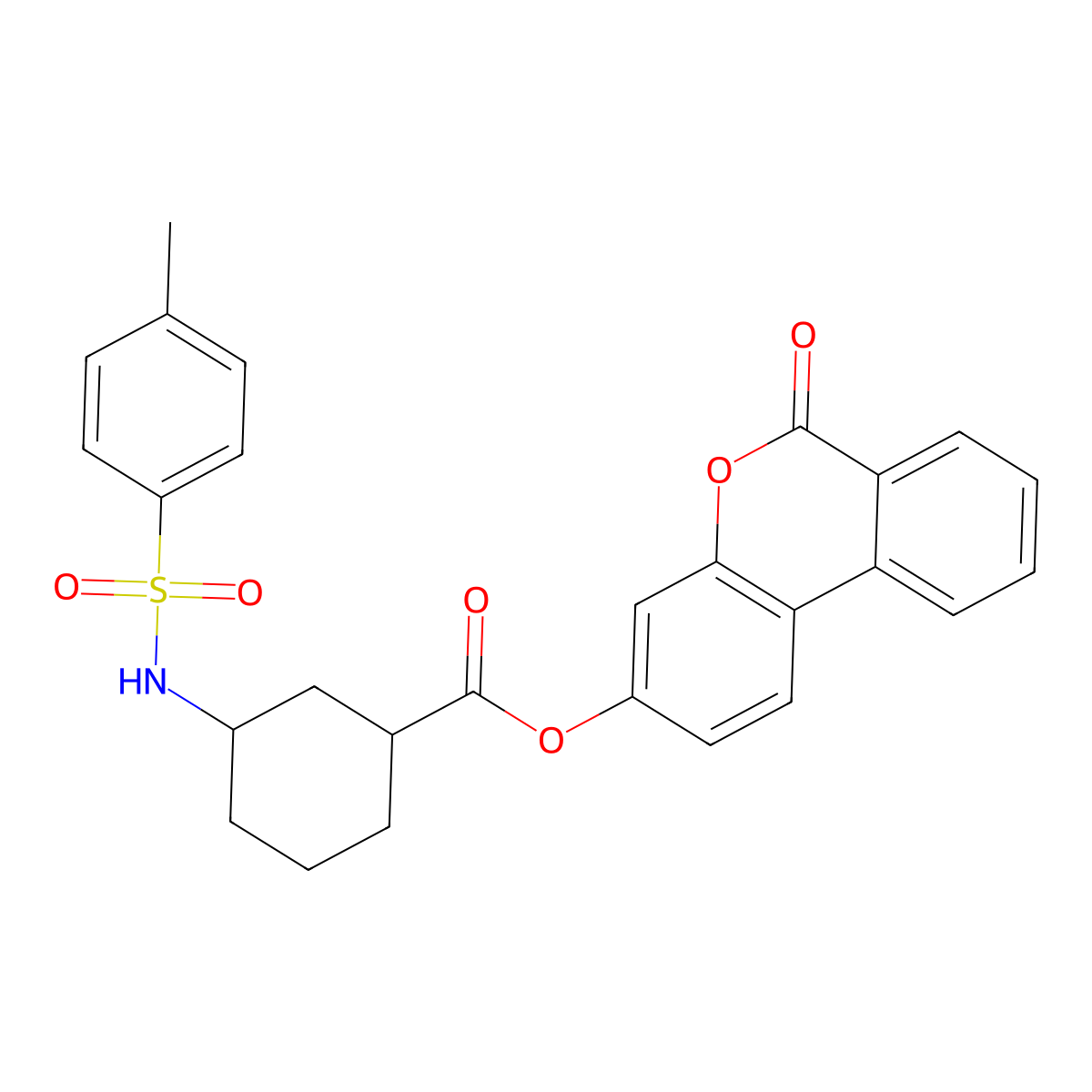 Cyclohexanecarboxylic acid, 3-[[(4-methylphenyl)sulfonyl]amino]-, 6-oxo-6H-dibenzo[b,d]pyran-3-yl ester molecular structure, CAS 329706-20-9