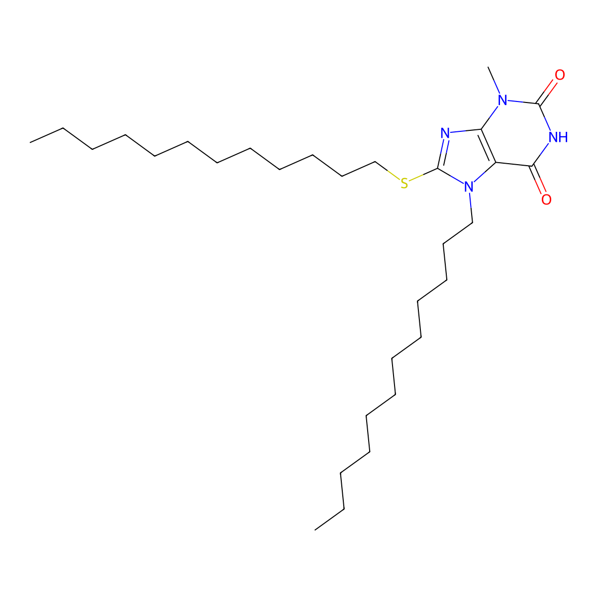 7-dodecyl-8-(dodecylsulfanyl)-3-methyl-3,7-dihydro-1H-purine-2,6-dione molecular structure, CAS 329706-73-2