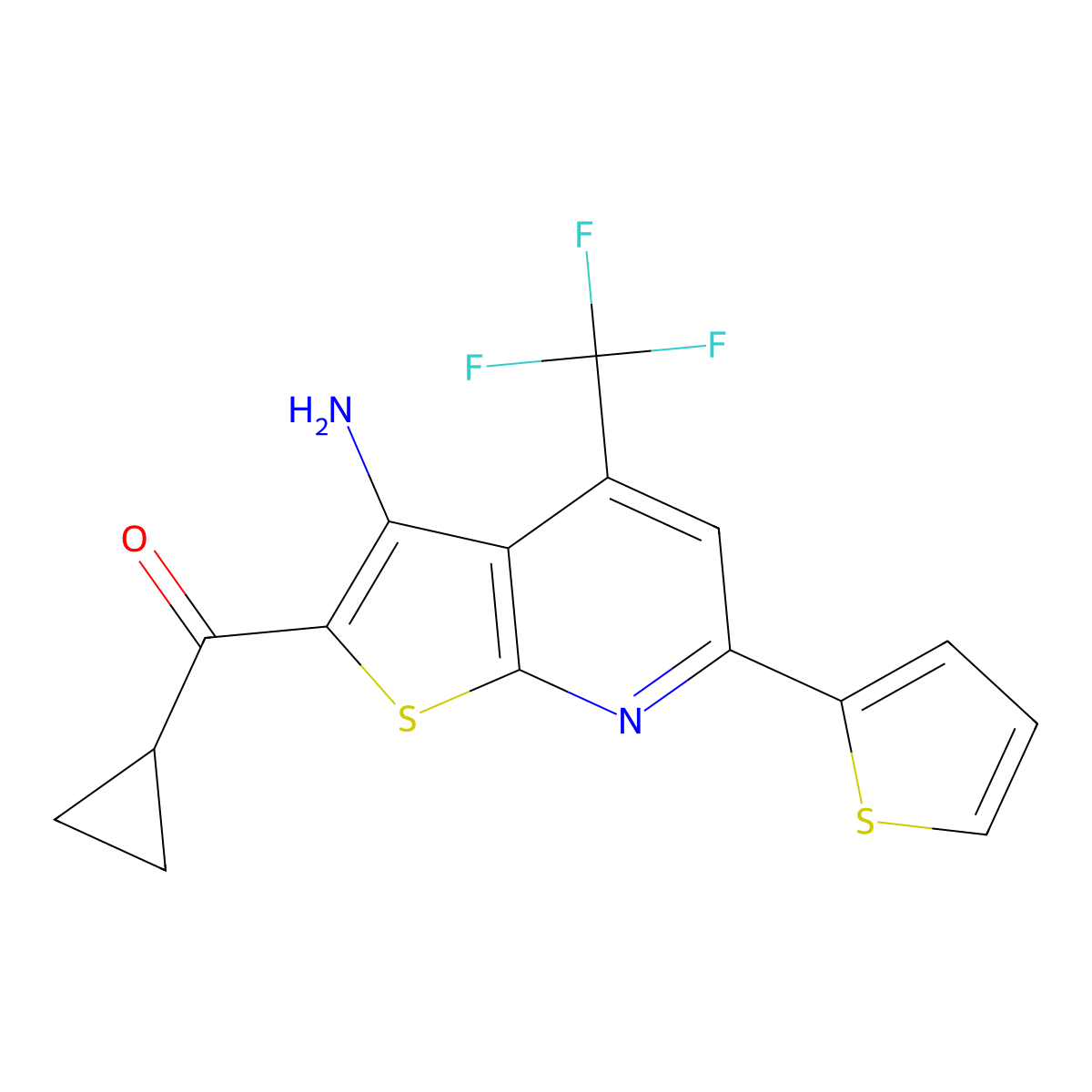 (3-Amino-6-(2-thienyl)-4-(trifluoromethyl)thieno(2,3-B)pyridin-2-YL)(cyclopropyl)methanone molecular structure, CAS 329716-35-0