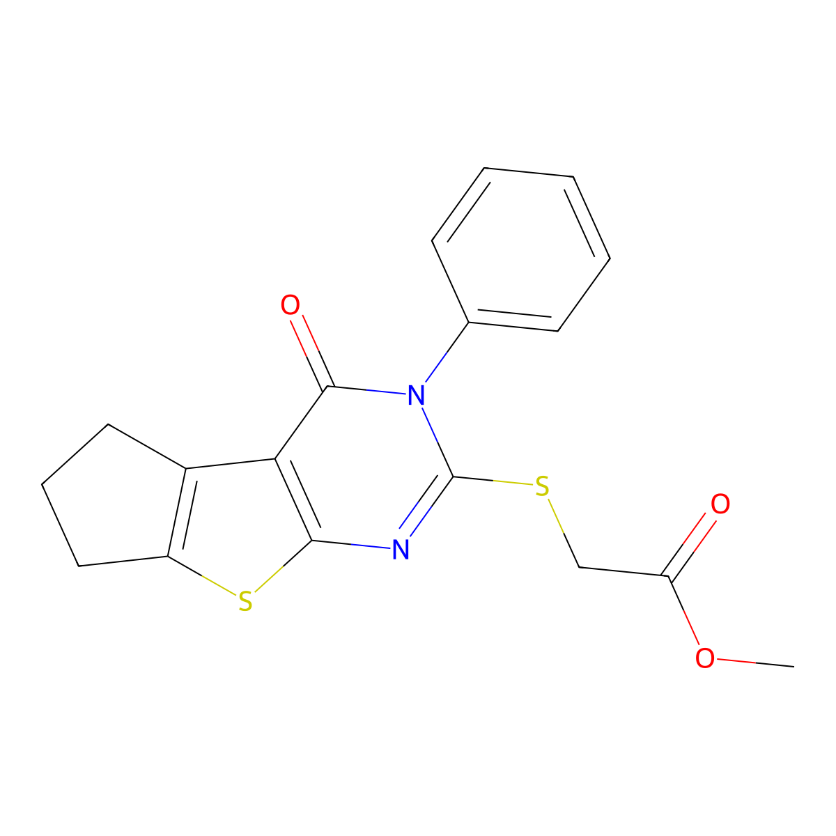 (4-Oxo-5-phenyl-2,3,4,5-tetrahydro-1H-8-thia-5,7-diaza-cyclopenta[a]inden-6-ylsulfanyl)-acetic acid, methyl ester molecular structure, CAS 329721-75-7