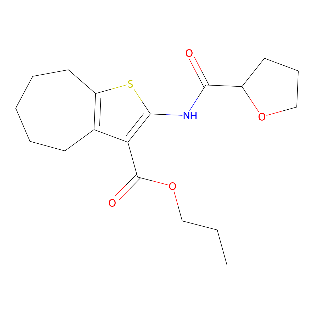 propyl 2-(oxolane-2-carbonylamino)-5,6,7,8-tetrahydro-4H-cyclohepta[b]thiophene-3-carboxylate molecular structure, CAS 329722-89-6
