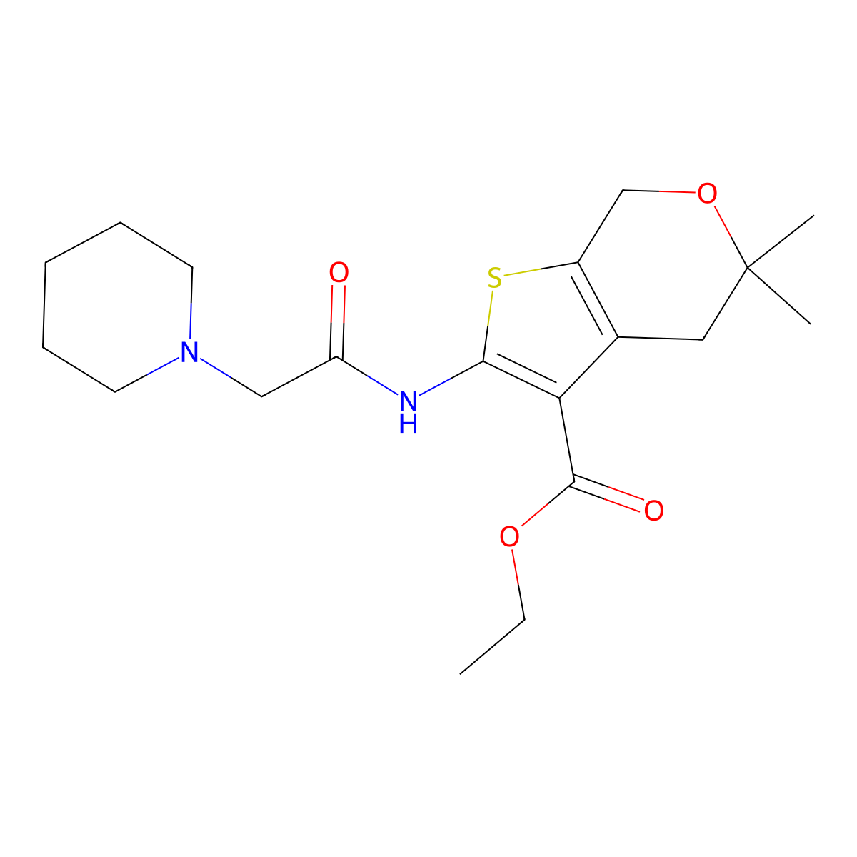 ethyl 5,5-dimethyl-2-(2-(piperidin-1-yl)acetamido)-5,7-dihydro-4H-thieno[2,3-c]pyran-3-carboxylate molecular structure, CAS 329725-23-7