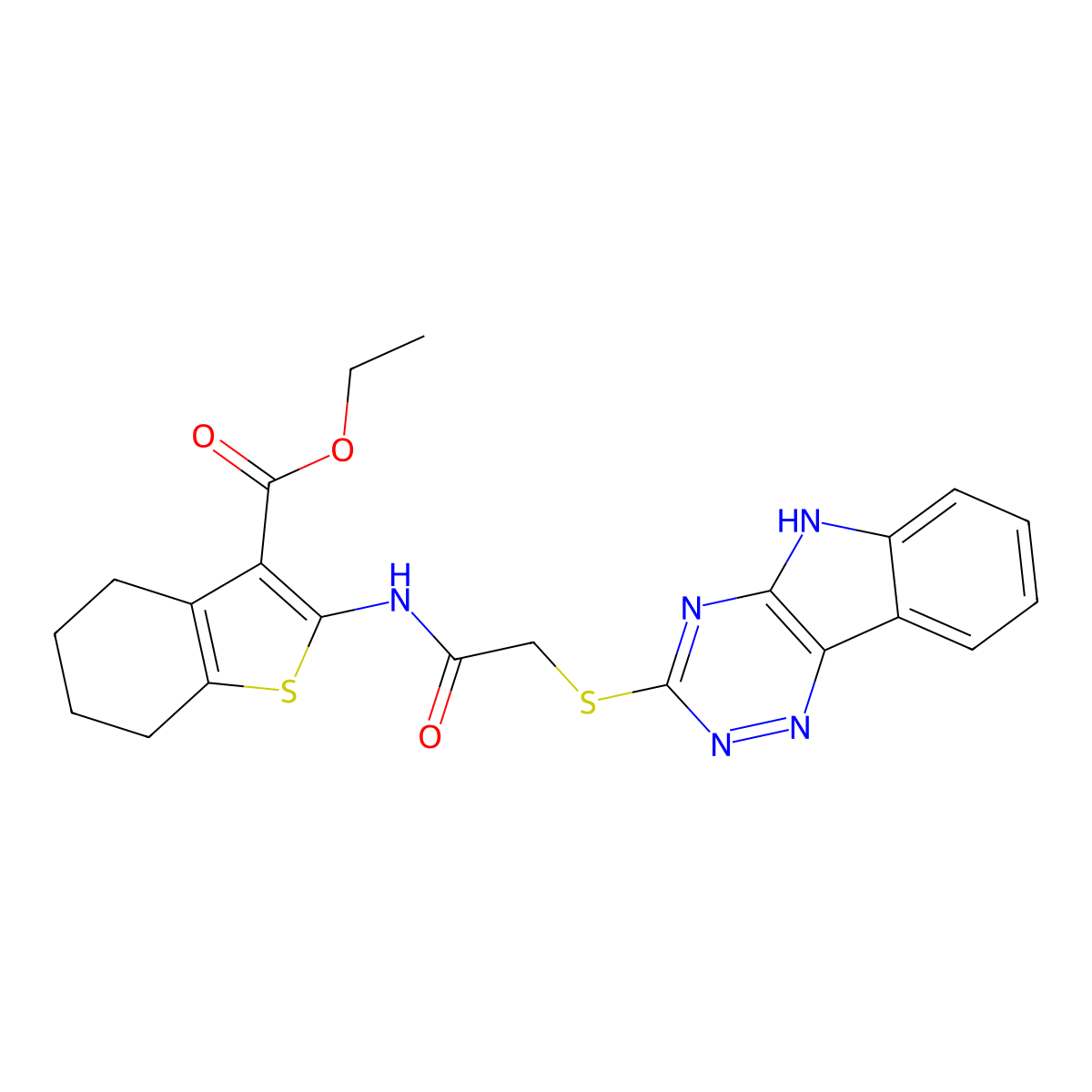 Ethyl 2-(2-((5H-[1,2,4]triazino[5,6-b]indol-3-yl)thio)acetamido)-4,5,6,7-tetrahydrobenzo[b]thiophene-3-carboxylate molecular structure, CAS 329732-77-6