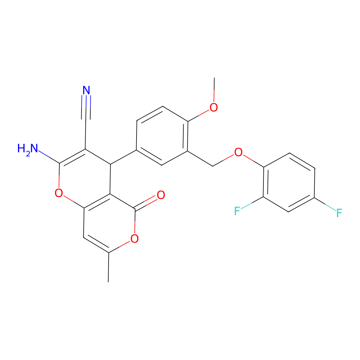 2-amino-4-{3-[(2,4-difluorophenoxy)methyl]-4-methoxyphenyl}-7-methyl-5-oxo-4H,5H-pyrano[4,3-b]pyran-3-carbonitrile molecular structure, CAS 329737-37-3