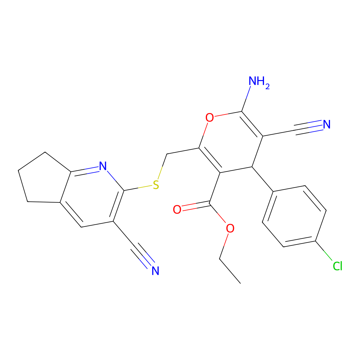 ethyl 6-amino-4-(4-chlorophenyl)-5-cyano-2-[(3-cyano-6,7-dihydro-5H-cyclopenta[b]pyridin-2-yl)sulfanylmethyl]-4H-pyran-3-carboxylate molecular structure, CAS 329739-46-0