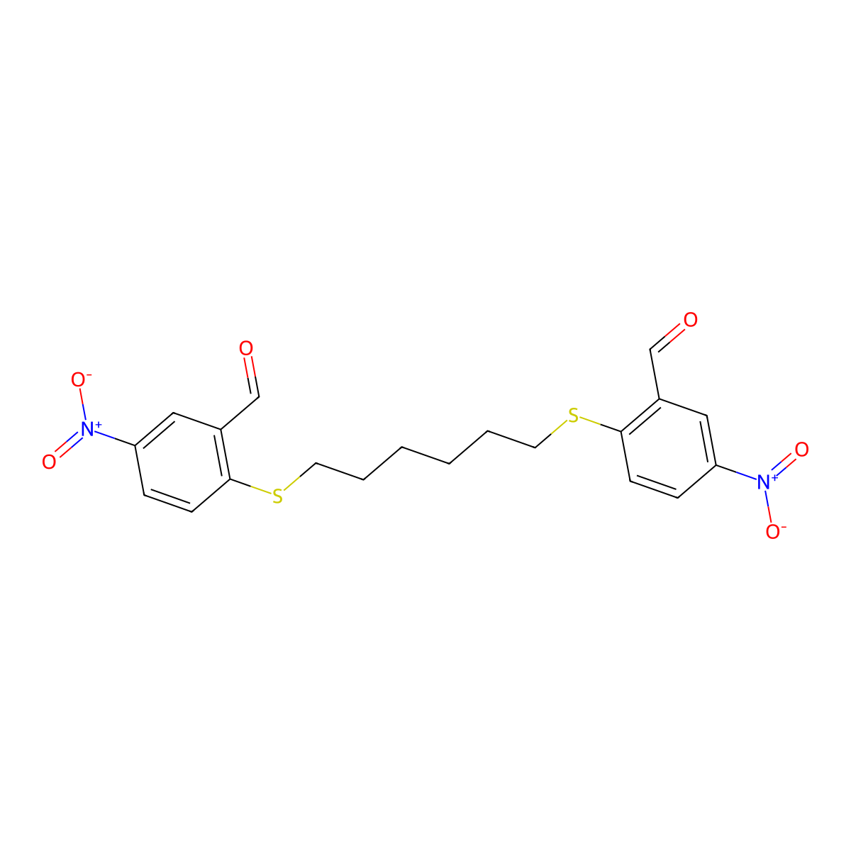 2-((6-((2-Formyl-4-nitrophenyl)sulfanyl)Hexyl)sulfanyl)-5-nitrobenzenecarbaldehyde molecular structure, CAS 329778-05-4