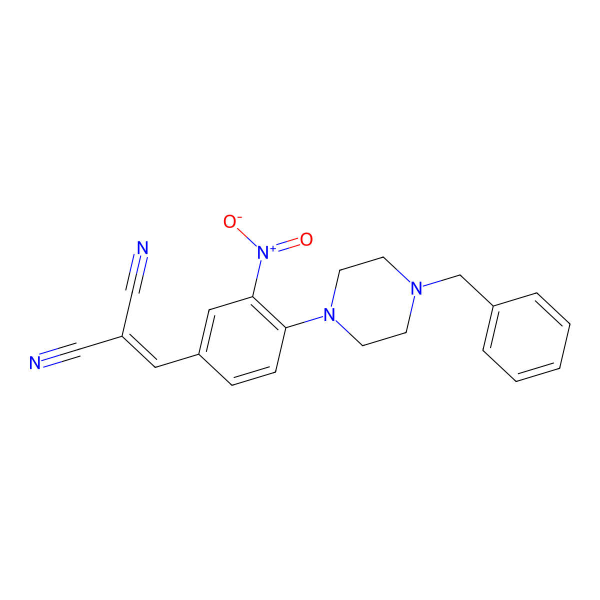 2-{[4-(4-Benzylpiperazino)-3-nitrophenyl]methylene}malononitrile molecular structure, CAS 329778-08-7
