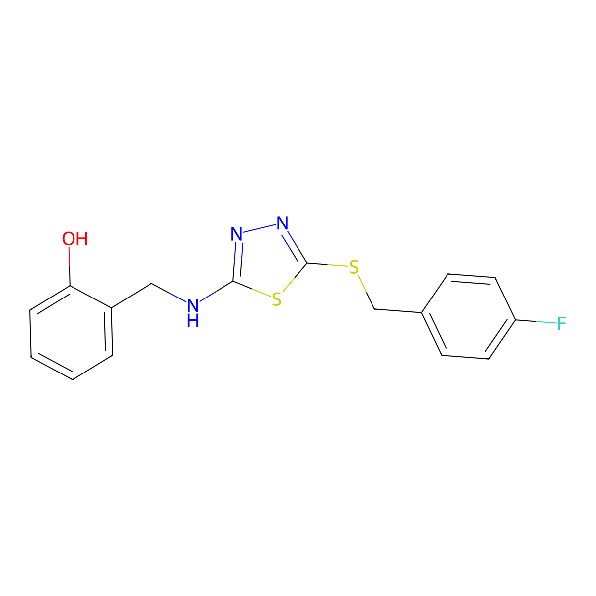 2-[({5-[(4-Fluorobenzyl)sulfanyl]-1,3,4-thiadiazol-2-yl}amino)methyl]benzenol molecular structure, CAS 329779-42-2