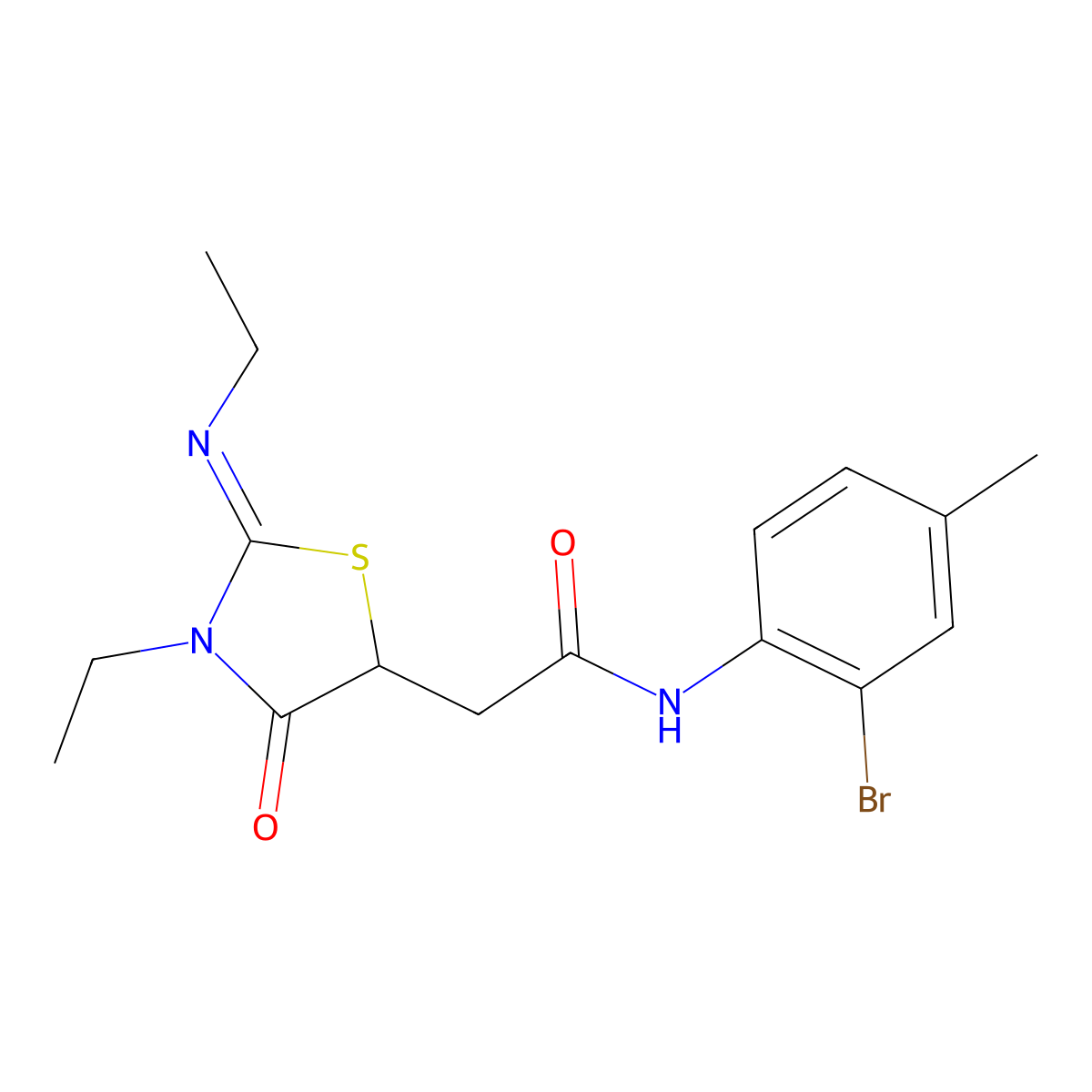 (Z)-N-(2-bromo-4-methylphenyl)-2-(3-ethyl-2-(ethylimino)-4-oxothiazolidin-5-yl)acetamide molecular structure, CAS 329795-72-4