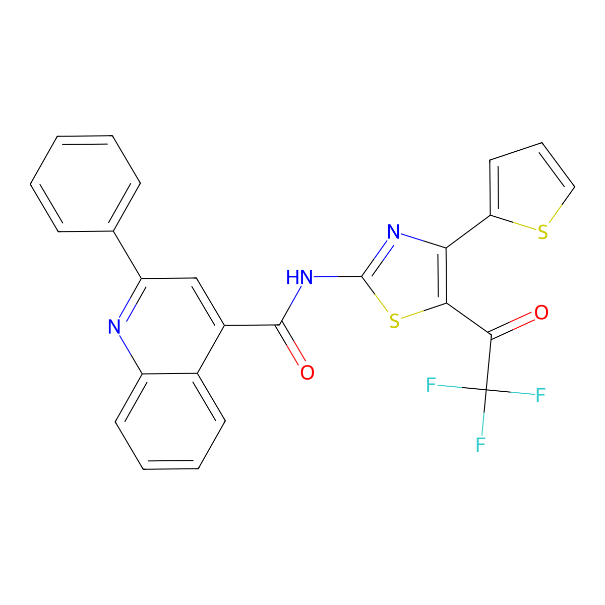 2-phenyl-N-(4-(thiophen-2-yl)-5-(2,2,2-trifluoroacetyl)thiazol-2-yl)quinoline-4-carboxamide molecular structure, CAS 329903-27-7