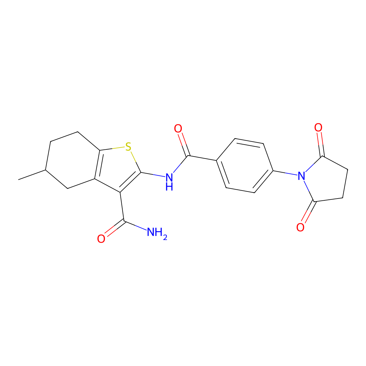 2-(4-(2,5-Dioxopyrrolidin-1-yl)benzamido)-5-methyl-4,5,6,7-tetrahydrobenzo[b]thiophene-3-carboxamide molecular structure, CAS 329903-37-9