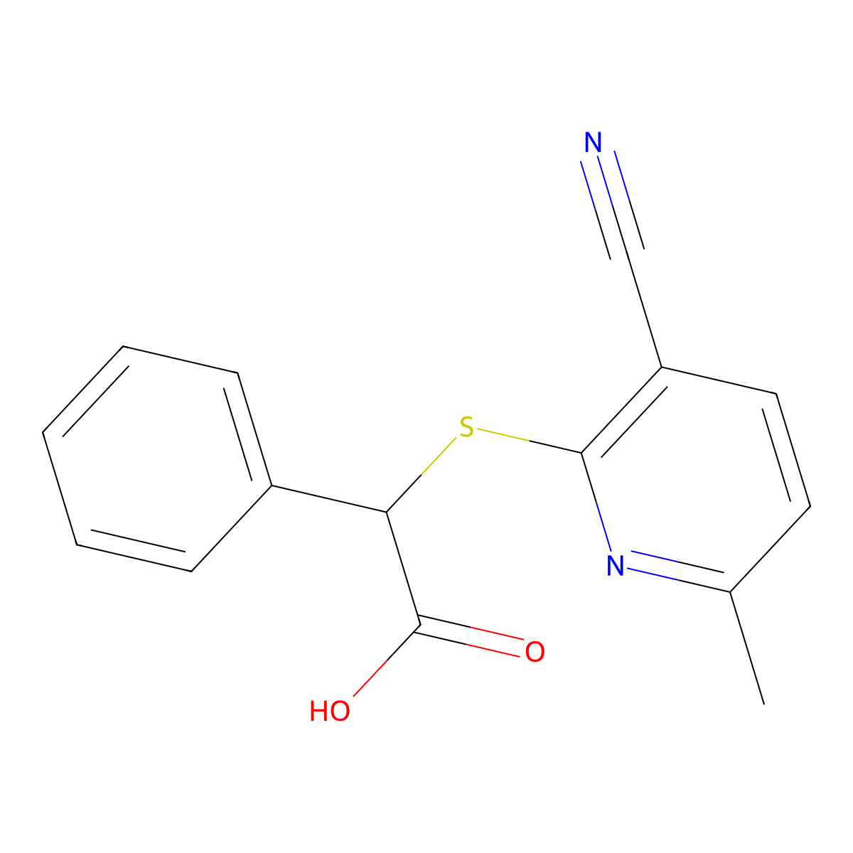 2-((3-Cyano-6-methylpyridin-2-yl)thio)-2-phenylacetic acid molecular structure, CAS 329903-73-3