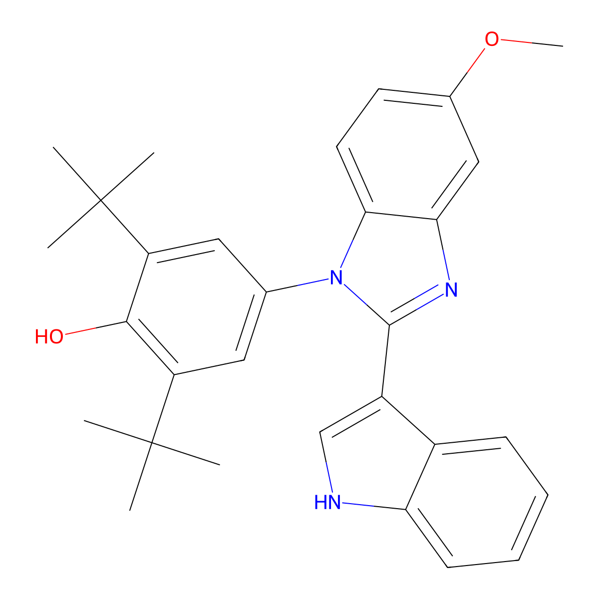 2,6-di-tert-butyl-4-[2-(1H-indol-3-yl)-5-methoxy-1H-1,3-benzodiazol-1-yl]phenol molecular structure, CAS 329904-33-8