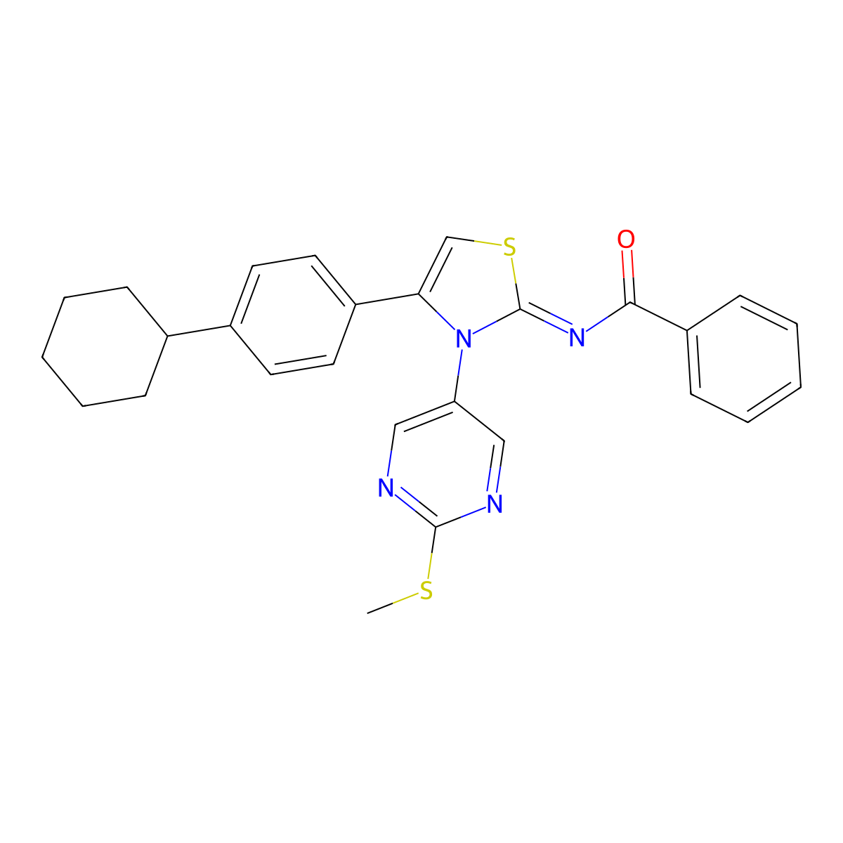N-[4-(4-cyclohexylphenyl)-3-(2-methylsulfanylpyrimidin-5-yl)-1,3-thiazol-2-ylidene]benzamide molecular structure, CAS 329904-54-3