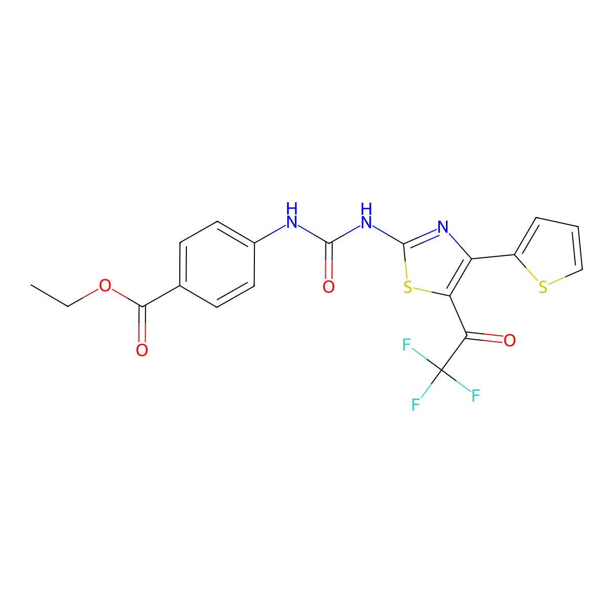 Ethyl 4-(3-(4-(thiophen-2-yl)-5-(2,2,2-trifluoroacetyl)thiazol-2-yl)ureido)benzoate molecular structure, CAS 329905-51-3