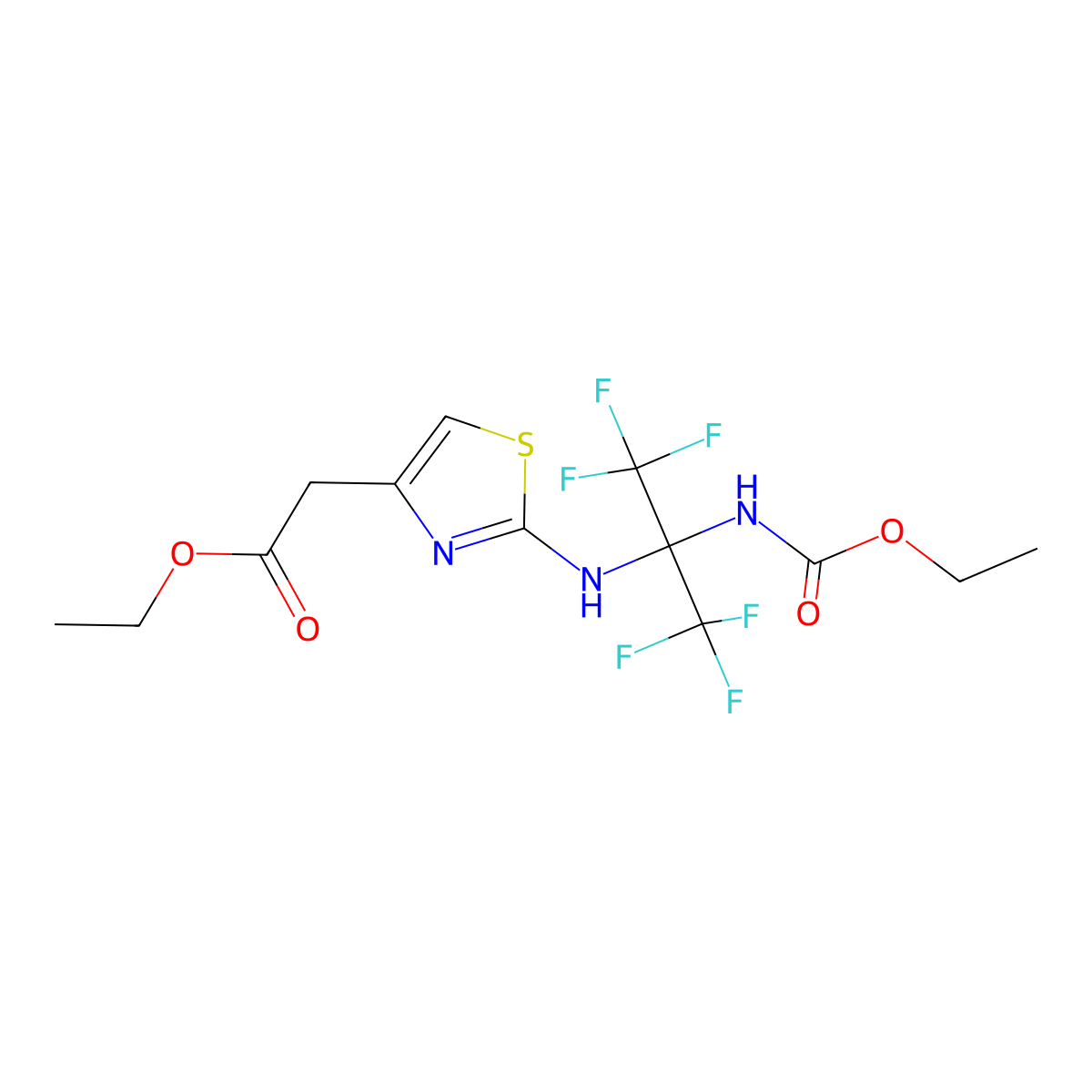 Ethyl 2-[2-[[2-(ethoxycarbonylamino)-1,1,1,3,3,3-hexafluoropropan-2-yl]amino]-1,3-thiazol-4-yl]acetate molecular structure, CAS 329907-41-7