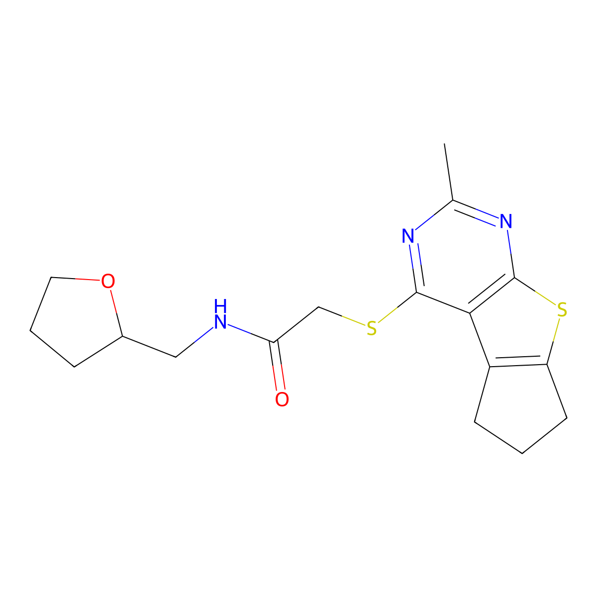 2-((2-methyl-6,7-dihydro-5H-cyclopenta[4,5]thieno[2,3-d]pyrimidin-4-yl)thio)-N-((tetrahydrofuran-2-yl)methyl)acetamide molecular structure, CAS 329907-71-3