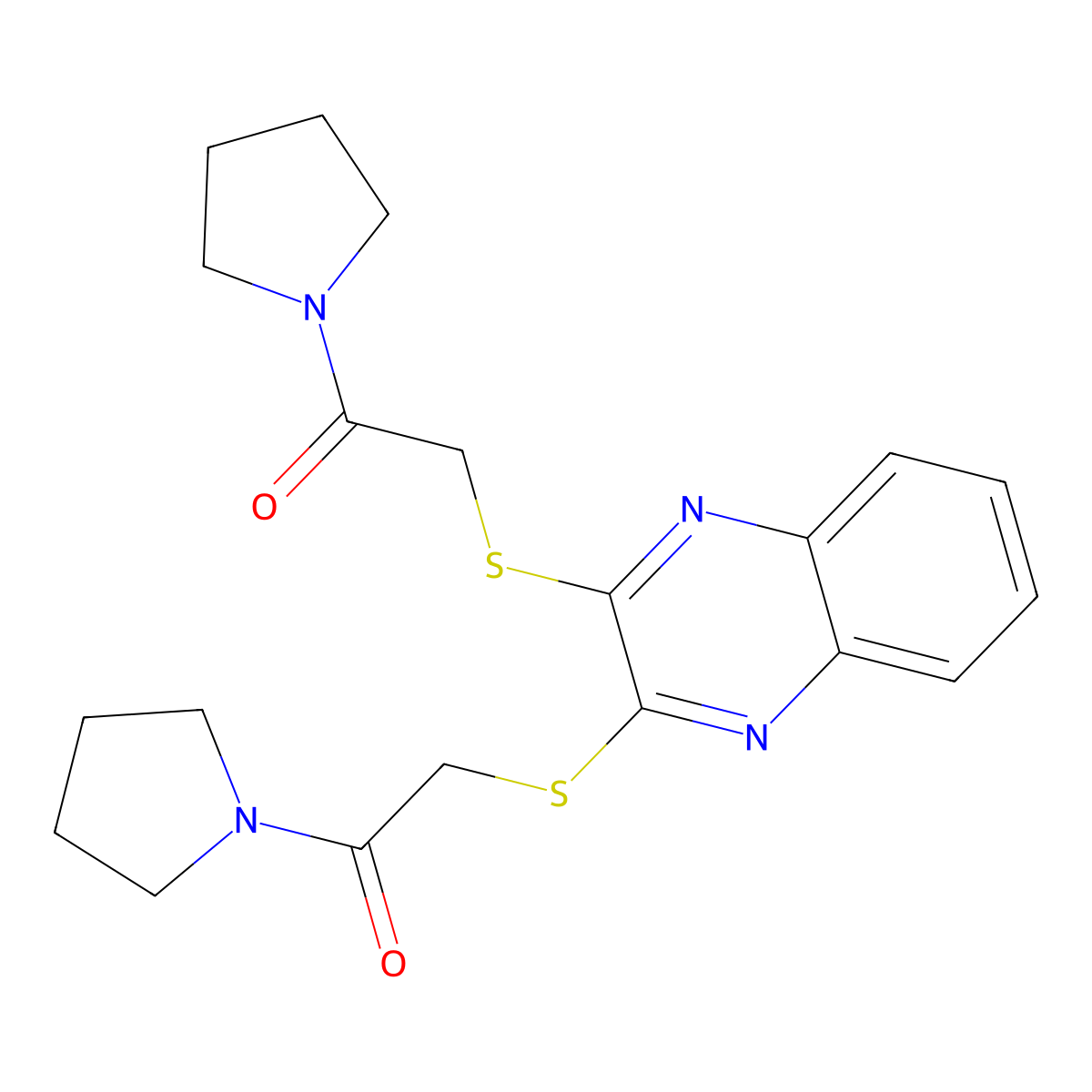 2-[3-(2-Oxo-2-pyrrolidin-1-ylethyl)sulfanylquinoxalin-2-yl]sulfanyl-1-pyrrolidin-1-ylethanone molecular structure, CAS 329907-83-7