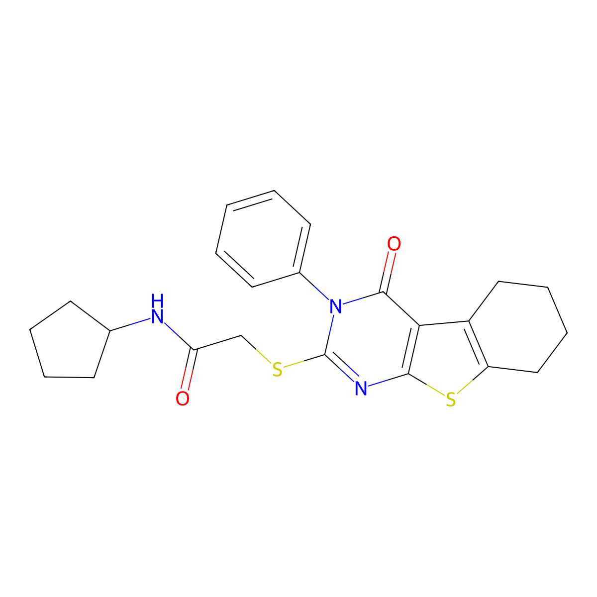 N-cyclopentyl-2-[(4-oxo-3-phenyl-5,6,7,8-tetrahydro-[1]benzothiolo[2,3-d]pyrimidin-2-yl)sulfanyl]acetamide molecular structure, CAS 329920-95-8