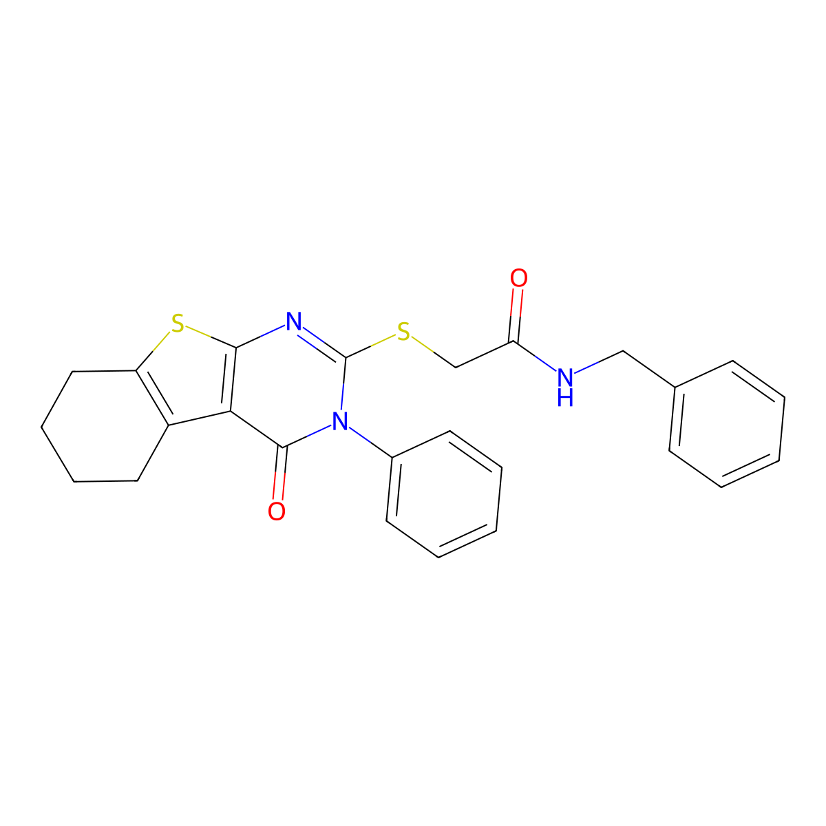 2-(4-oxo-3-phenyl(3,5,6,7,8-pentahydrobenzo[b]thiopheno[2,3-d]pyrimidin-2-ylth io))-N-benzylacetamide molecular structure, CAS 329921-07-5
