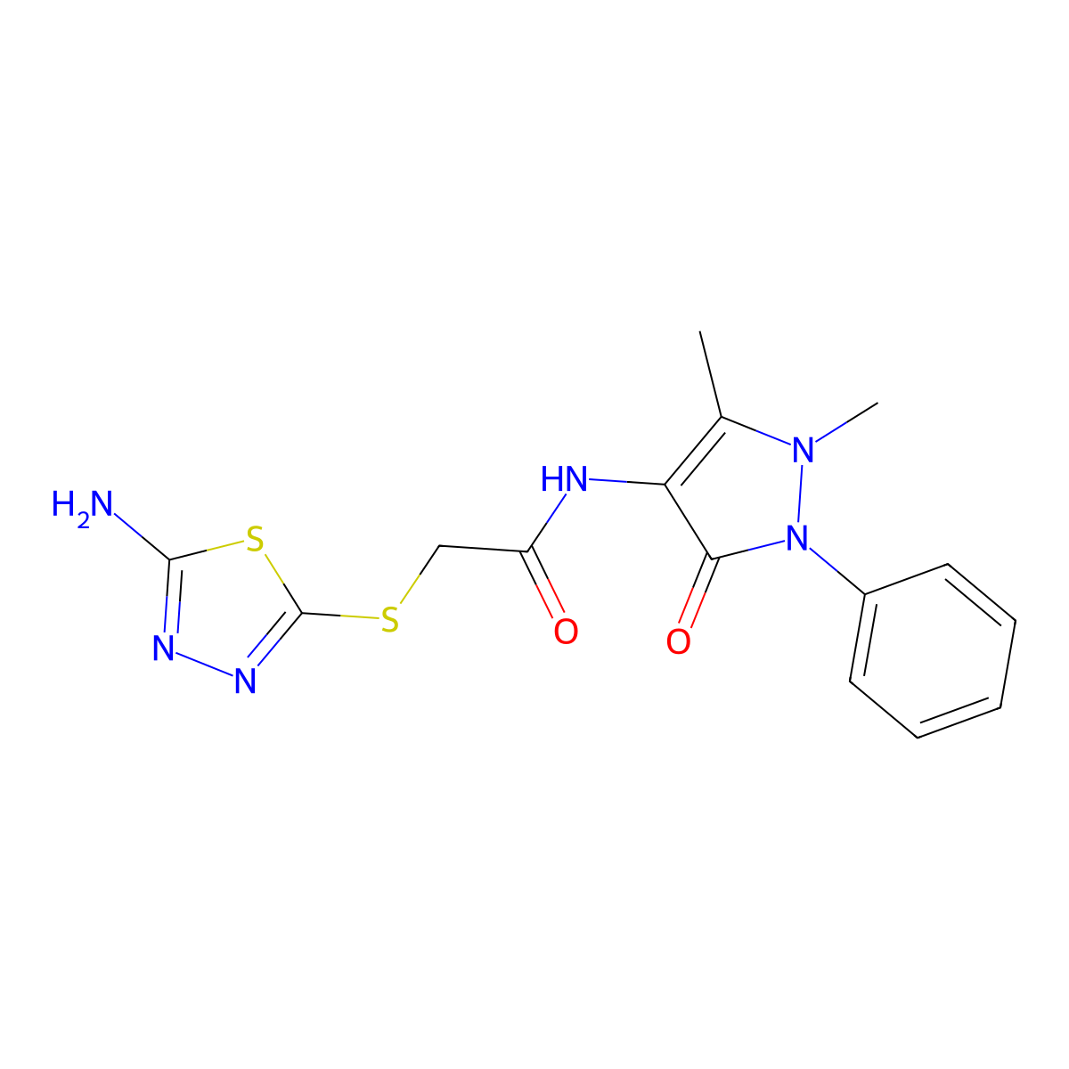 2-(5-Amino-[1,3,4]thiadiazol-2-ylsulfanyl)-N-(1,5-dimethyl-3-oxo-2-phenyl-2,3-dihydro-1H-pyrazol-4-yl)-acetamide molecular structure, CAS 329921-17-7
