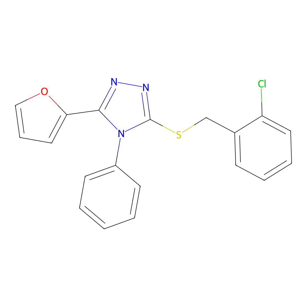 3-[(2-Chlorophenyl)methylsulfanyl]-5-(furan-2-yl)-4-phenyl-1,2,4-triazole molecular structure, CAS 329922-11-4