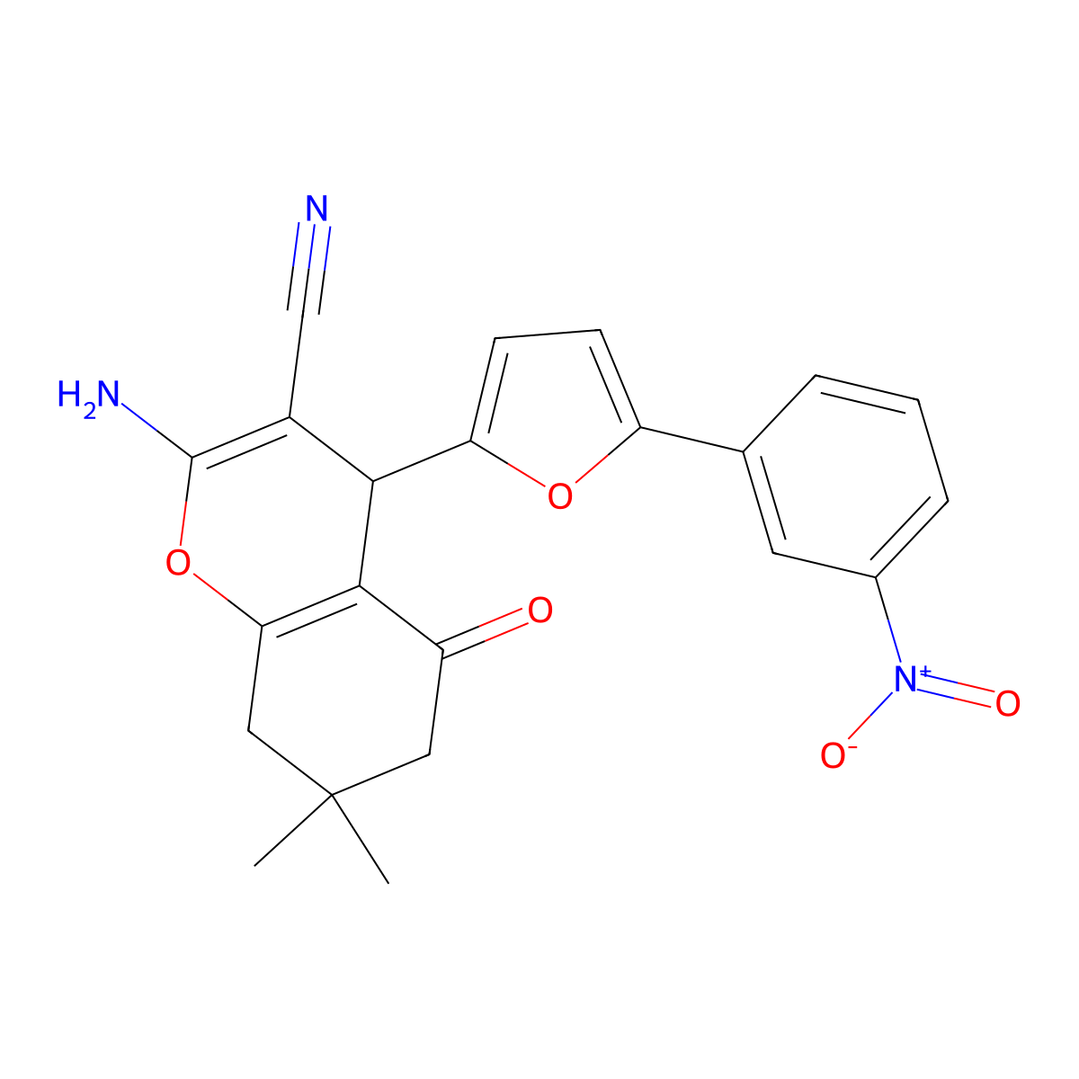 2-amino-7,7-dimethyl-4-[5-(3-nitrophenyl)furan-2-yl]-5-oxo-5,6,7,8-tetrahydro-4H-chromene-3-carbonitrile molecular structure, CAS 329923-01-5