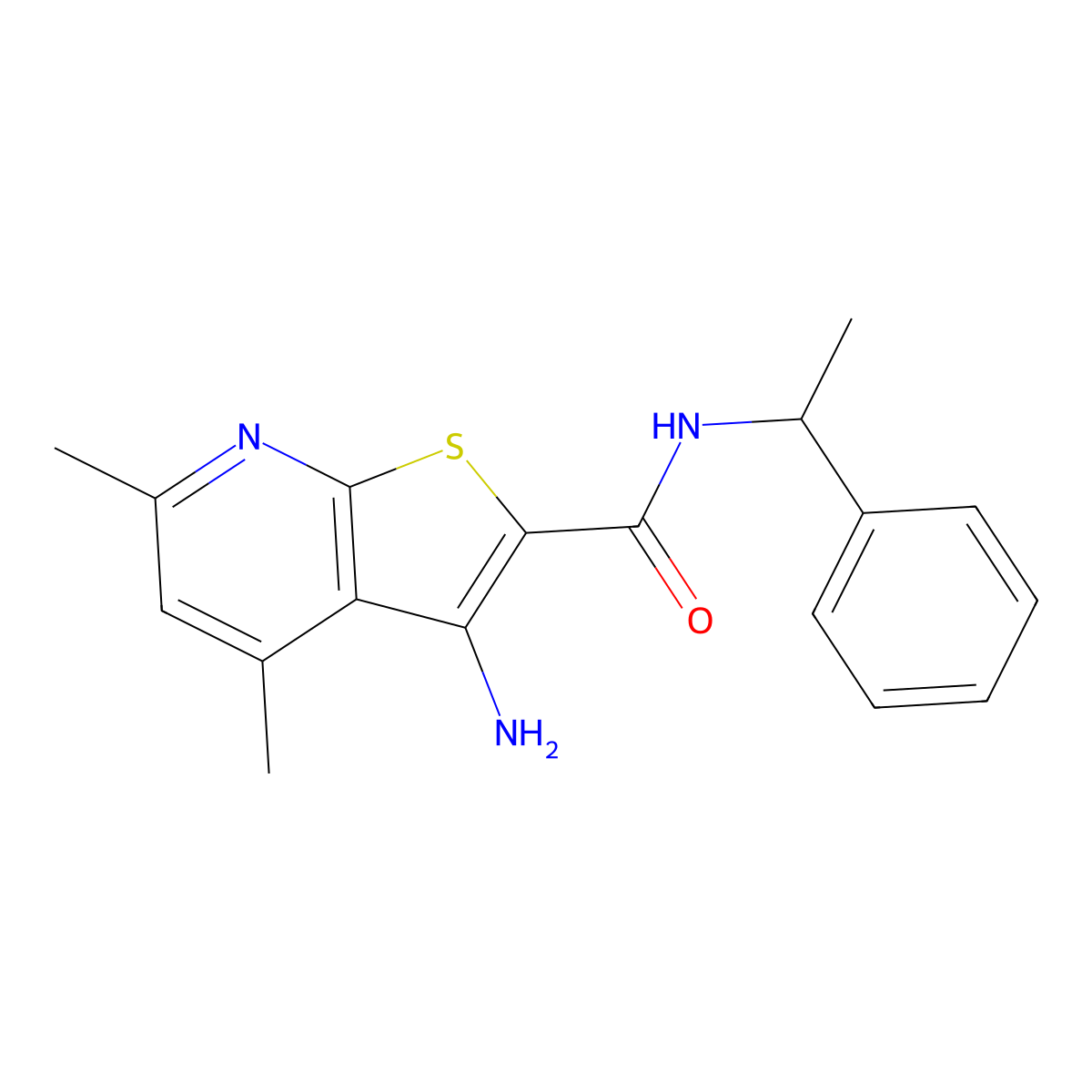 3-amino-4,6-dimethyl-N-(1-phenylethyl)thieno[2,3-b]pyridine-2-carboxamide molecular structure, CAS 329934-51-2
