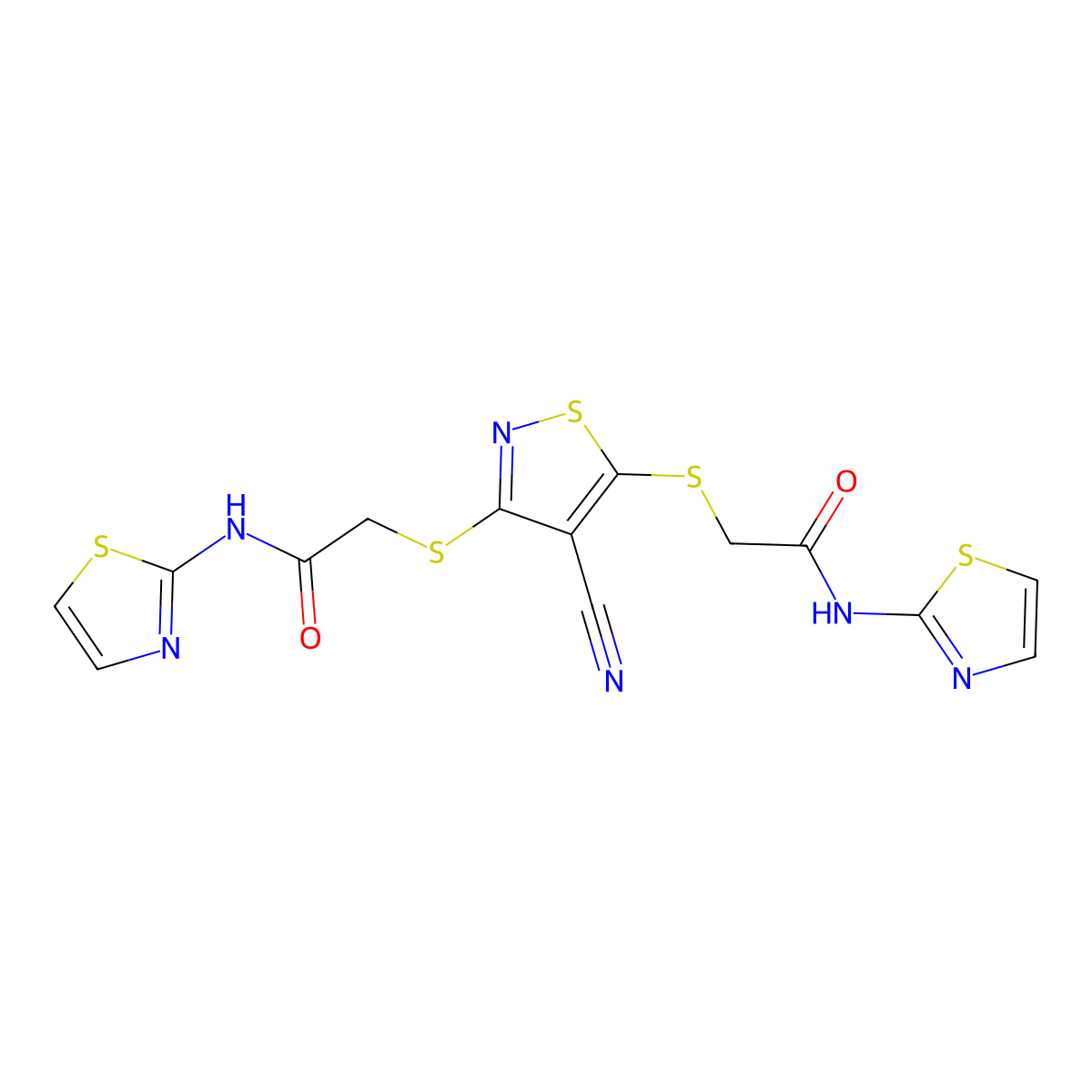 2-[(4-Cyano-3-{[2-oxo-2-(1,3-thiazol-2-ylamino)ethyl]sulfanyl}-5-isothiazolyl)sulfanyl]-N-(1,3-thiazol-2-YL)acetamide molecular structure, CAS 329934-69-2
