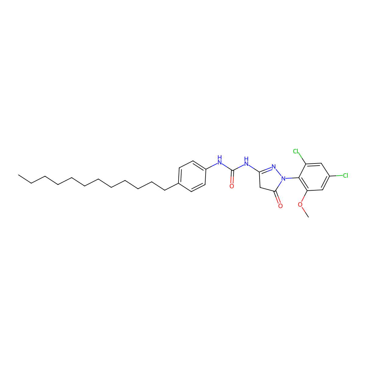 Urea, N-(1-(2,4-dichloro-6-methoxyphenyl)-4,5-dihydro-5-oxo-1H-pyrazol-3-yl)-N'-(4-dodecylphenyl)- molecular structure, CAS 33008-68-3